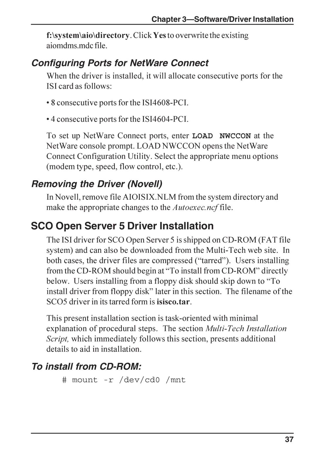 Multi-Tech Systems ISI4608-PCI manual SCO Open Server 5 Driver Installation, Configuring Ports for NetWare Connect 