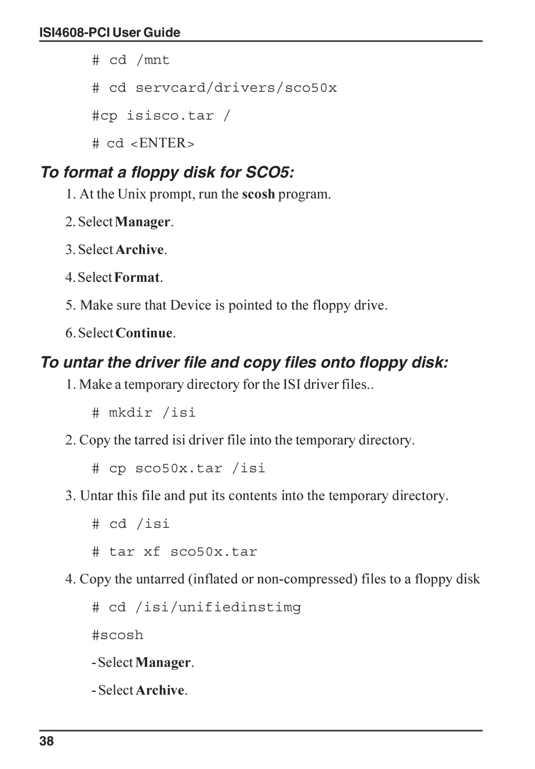 Multi-Tech Systems ISI4608-PCI To format a floppy disk for SCO5, To untar the driver file and copy files onto floppy disk 