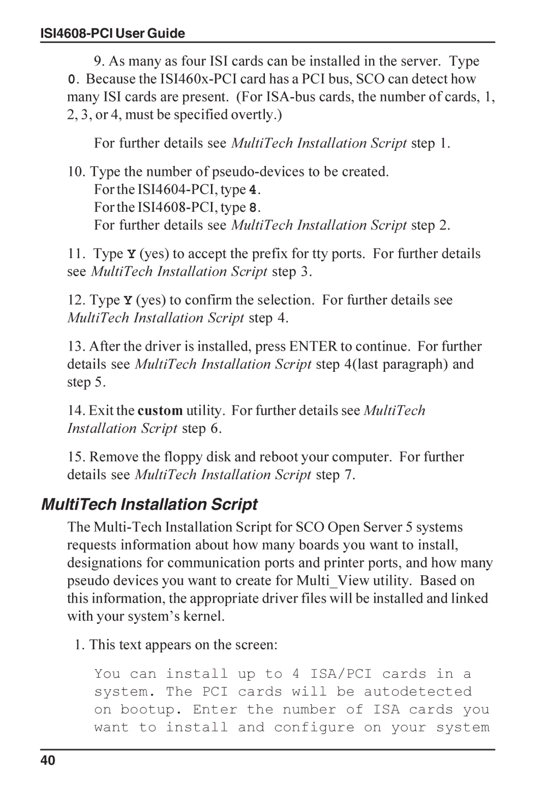 Multi-Tech Systems ISI4608-PCI manual MultiTech Installation Script 