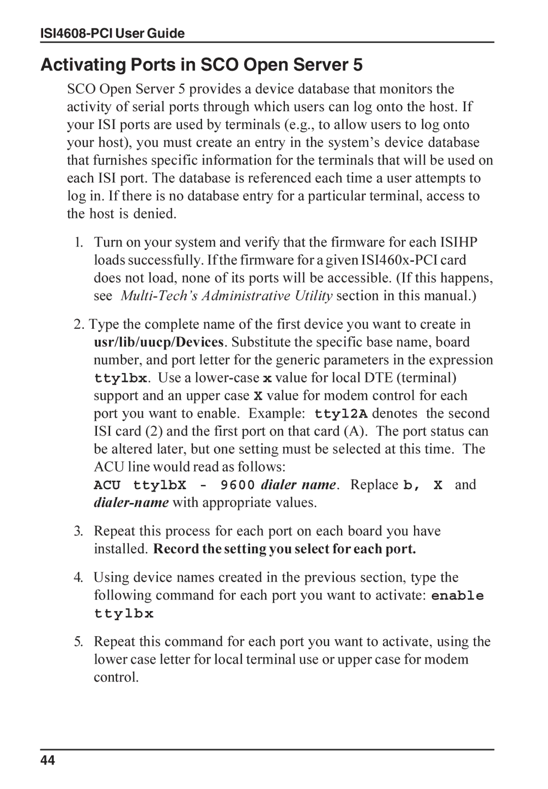 Multi-Tech Systems ISI4608-PCI manual Activating Ports in SCO Open Server, Ttylbx 