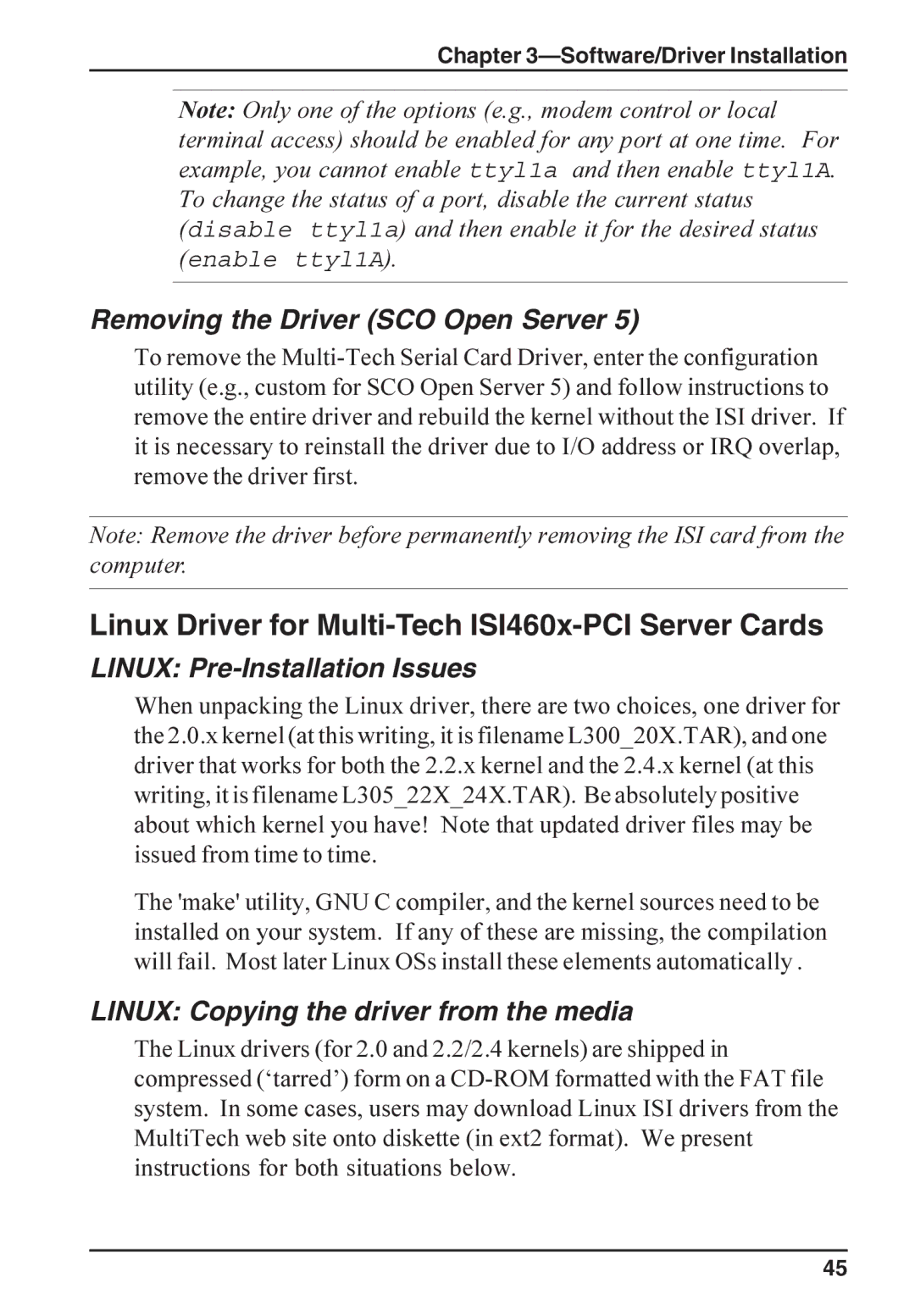 Multi-Tech Systems ISI4608-PCI Linux Driver for Multi-Tech ISI460x-PCI Server Cards, Removing the Driver SCO Open Server 