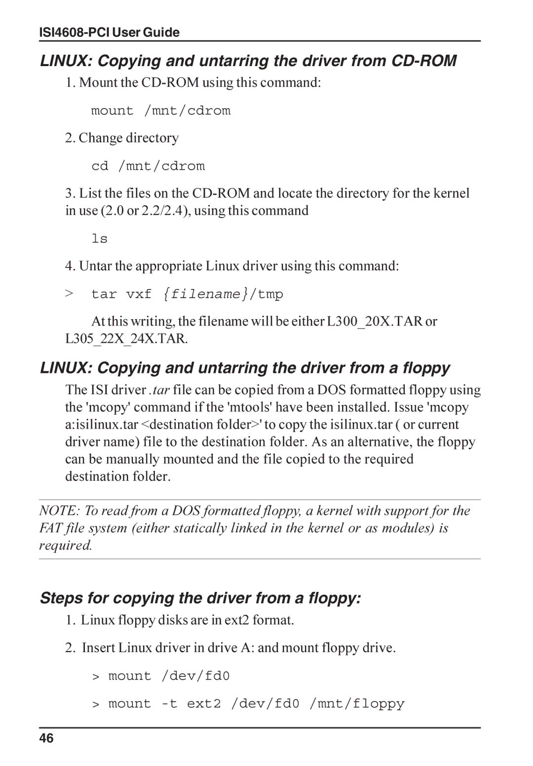 Multi-Tech Systems ISI4608-PCI manual Linux Copying and untarring the driver from CD-ROM 