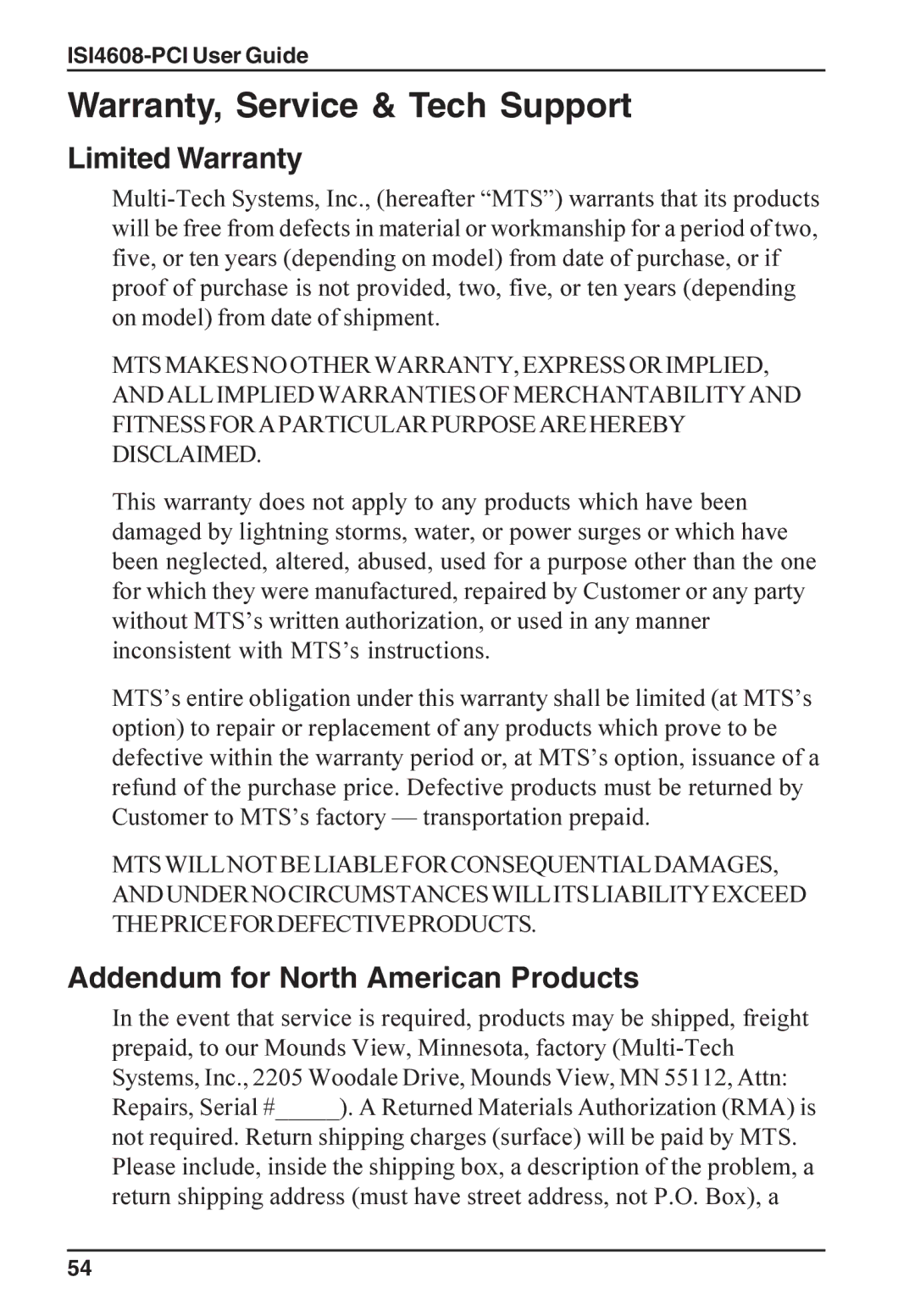 Multi-Tech Systems ISI4608-PCI manual Limited Warranty, Addendum for North American Products 