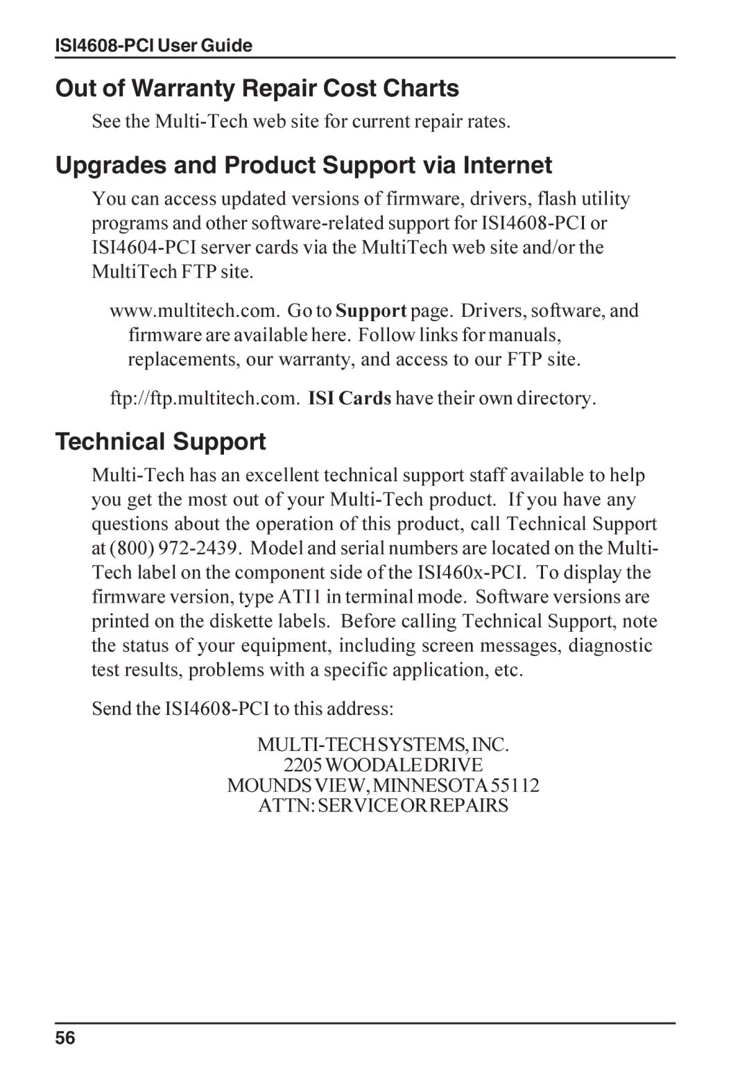 Multi-Tech Systems ISI4608-PCI manual Out of Warranty Repair Cost Charts, Upgrades and Product Support via Internet 