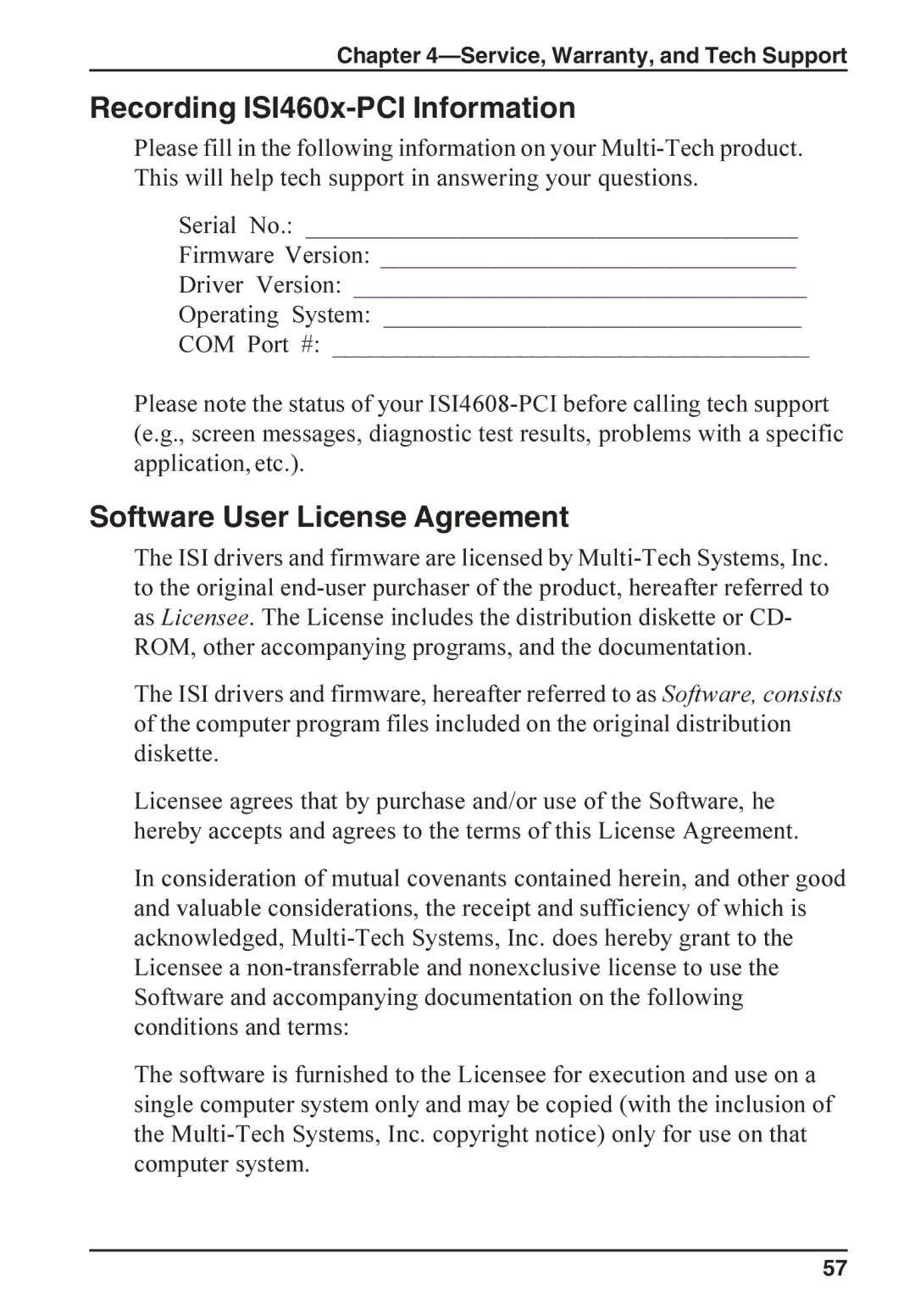 Multi-Tech Systems ISI4608-PCI manual Recording ISI460x-PCI Information, Software User License Agreement 