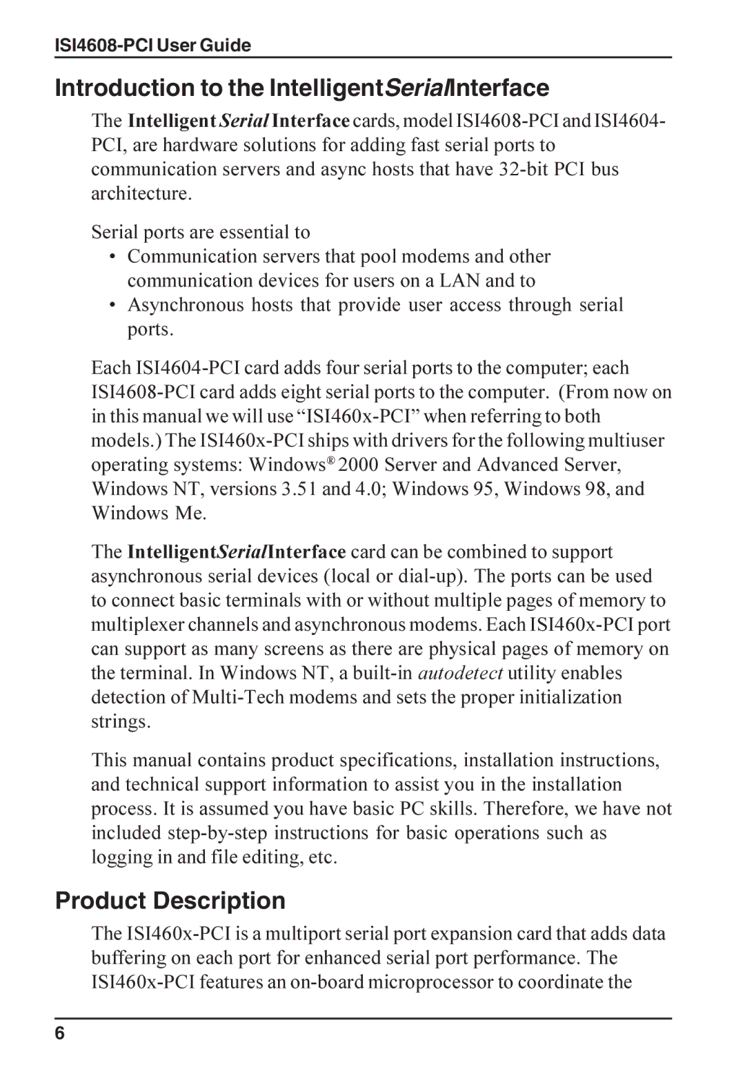 Multi-Tech Systems ISI4608-PCI manual Introduction to the IntelligentSerialInterface, Product Description 