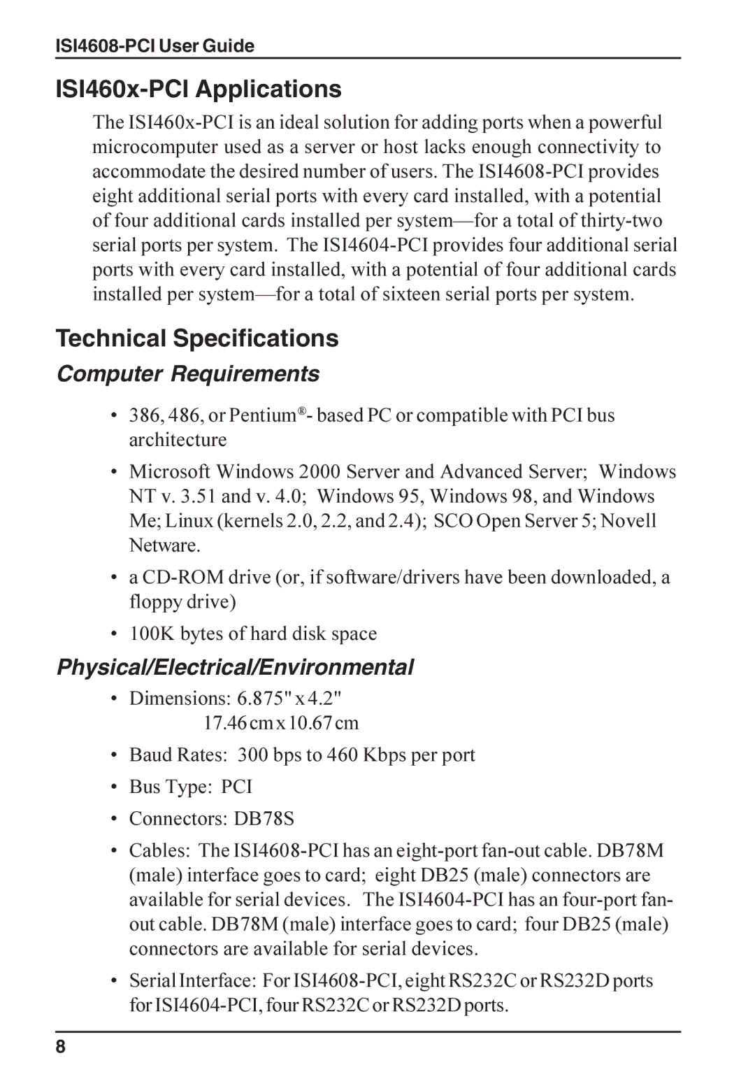 Multi-Tech Systems ISI4608-PCI manual ISI460x-PCI Applications, Technical Specifications, Computer Requirements 