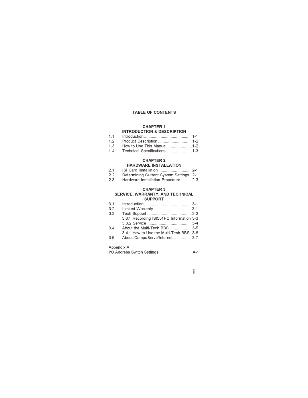 Multi-Tech Systems ISI551PC owner manual Table of Contents Chapter Introduction & Description 