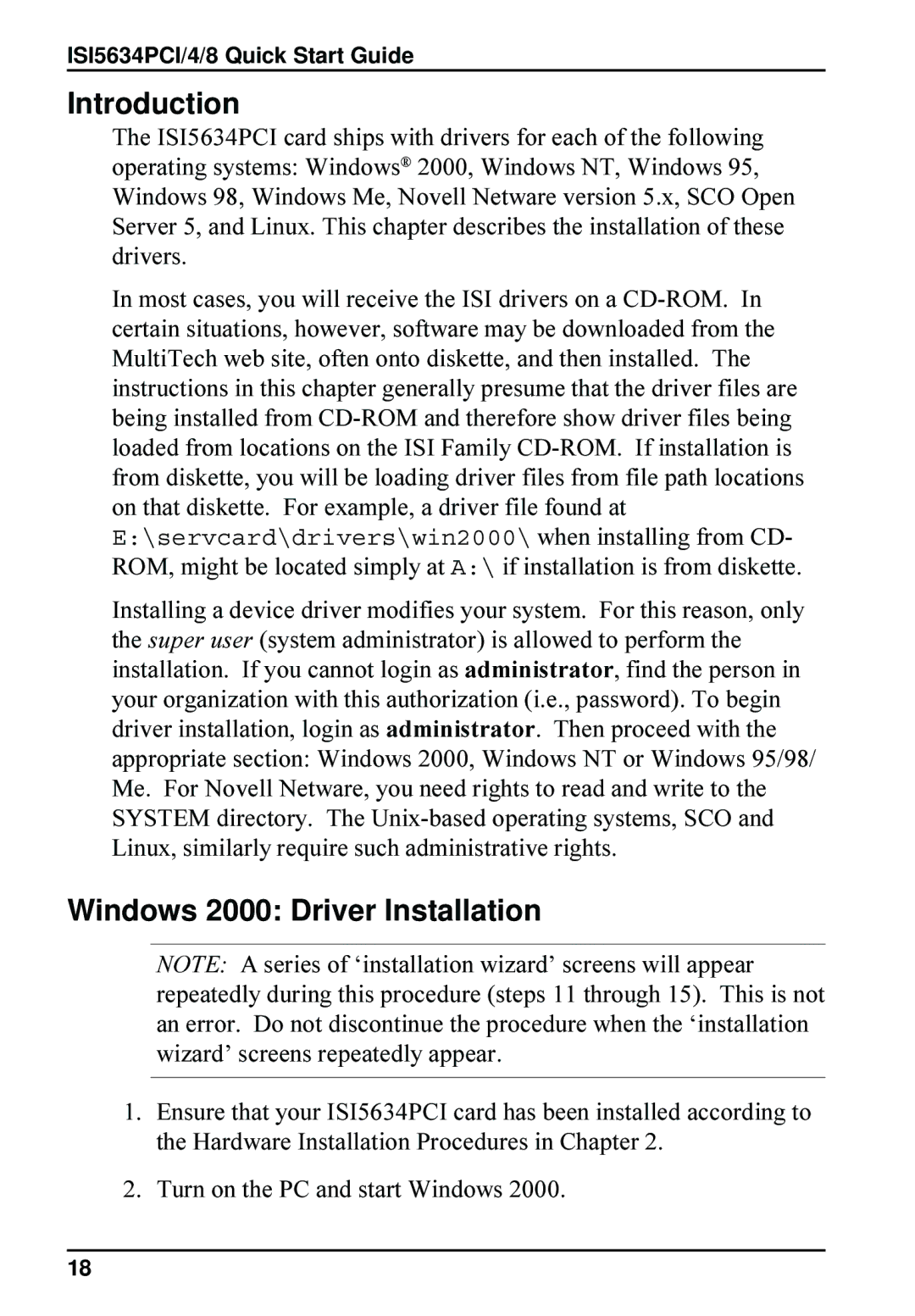 Multi-Tech Systems ISI5634PCI, 8 quick start Introduction, Windows 2000 Driver Installation 