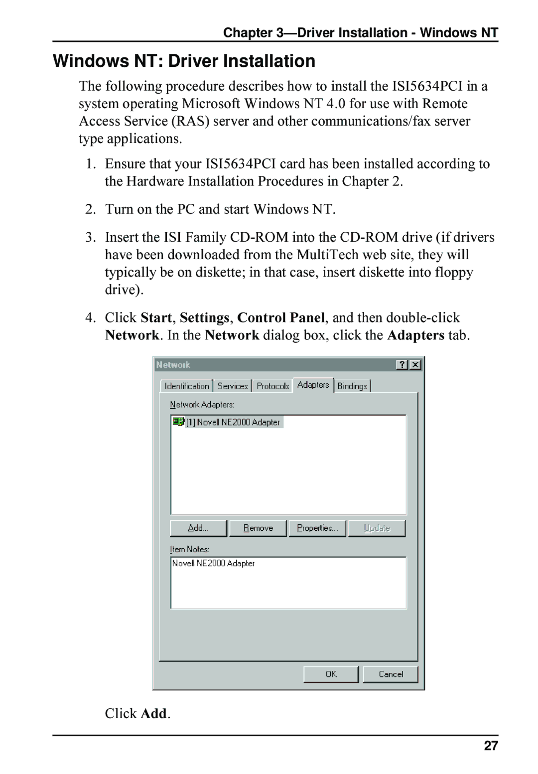 Multi-Tech Systems ISI5634PCI, 8 quick start Windows NT Driver Installation 