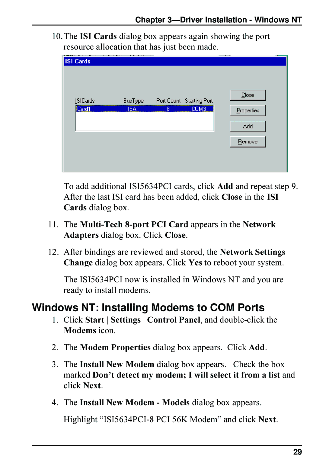 Multi-Tech Systems 8, ISI5634PCI quick start Windows NT Installing Modems to COM Ports 