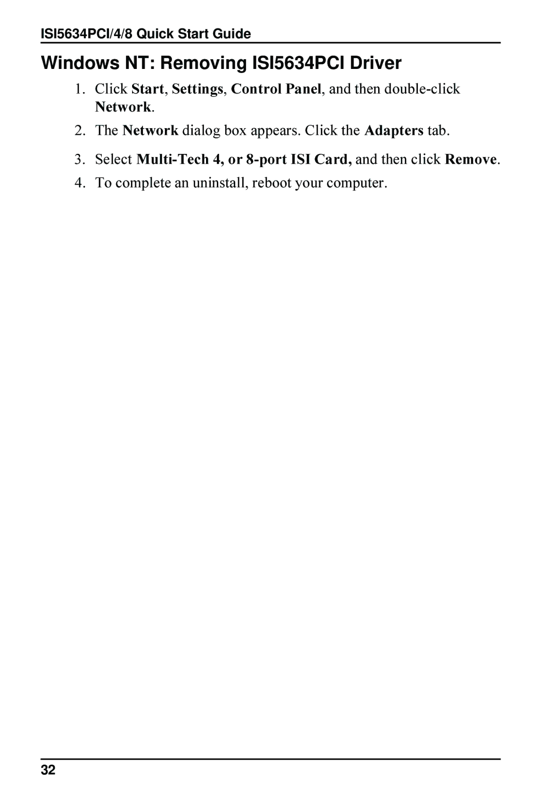 Multi-Tech Systems 8 quick start Windows NT Removing ISI5634PCI Driver 