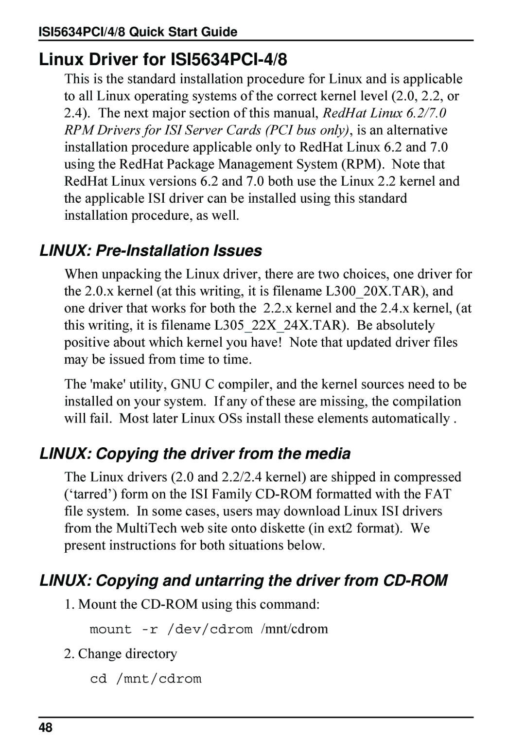 Multi-Tech Systems quick start Linux Driver for ISI5634PCI-4/8, Linux Pre-Installation Issues 