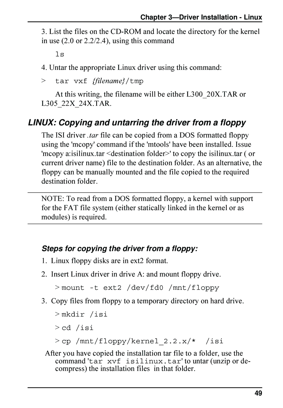 Multi-Tech Systems 4, 8 Linux Copying and untarring the driver from a floppy, Steps for copying the driver from a floppy 