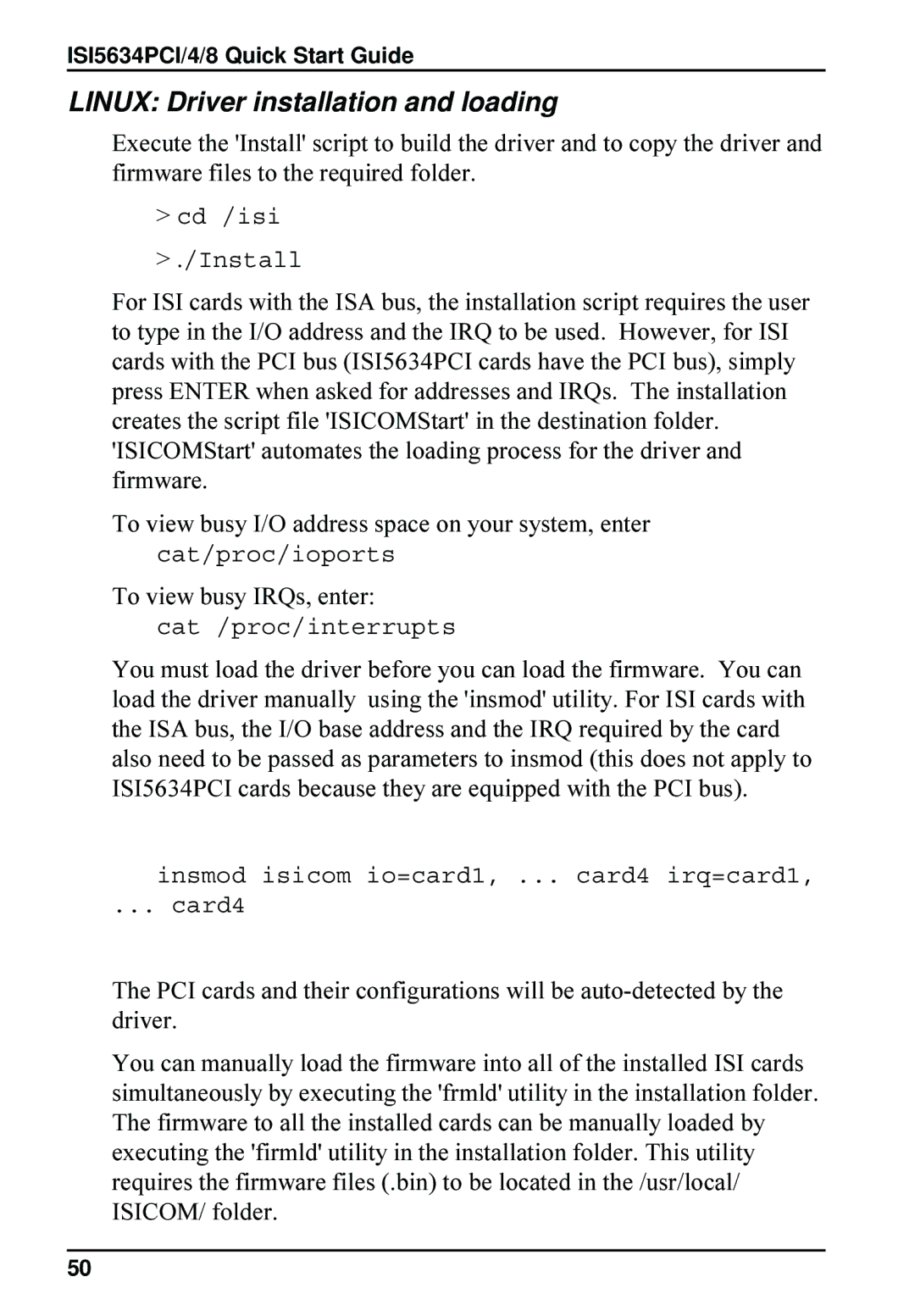 Multi-Tech Systems 8, ISI5634PCI quick start Linux Driver installation and loading, Cd /isi Install 