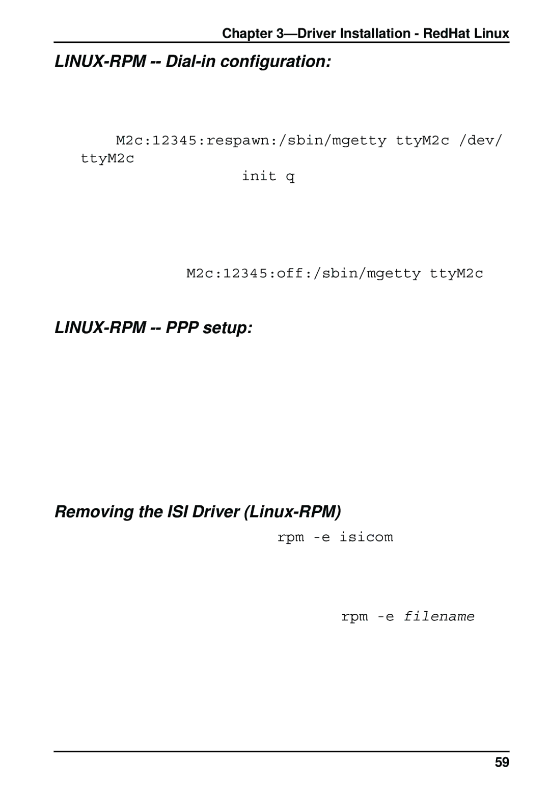 Multi-Tech Systems 8, 4 LINUX-RPM -- Dial-in configuration, LINUX-RPM -- PPP setup, Removing the ISI Driver Linux-RPM 