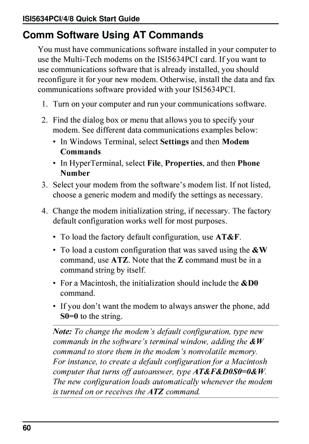 Multi-Tech Systems ISI5634PCI, 8 quick start Comm Software Using AT Commands, Number 