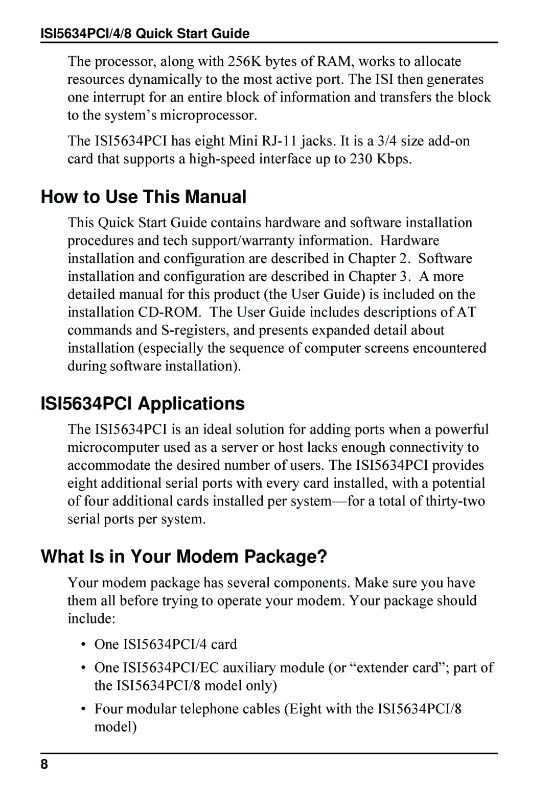 Multi-Tech Systems 8 quick start How to Use This Manual, ISI5634PCI Applications, What Is in Your Modem Package? 