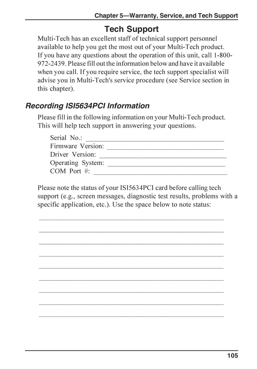 Multi-Tech Systems ISI5634PCI/4/8 manual Tech Support, Recording ISI5634PCI Information 