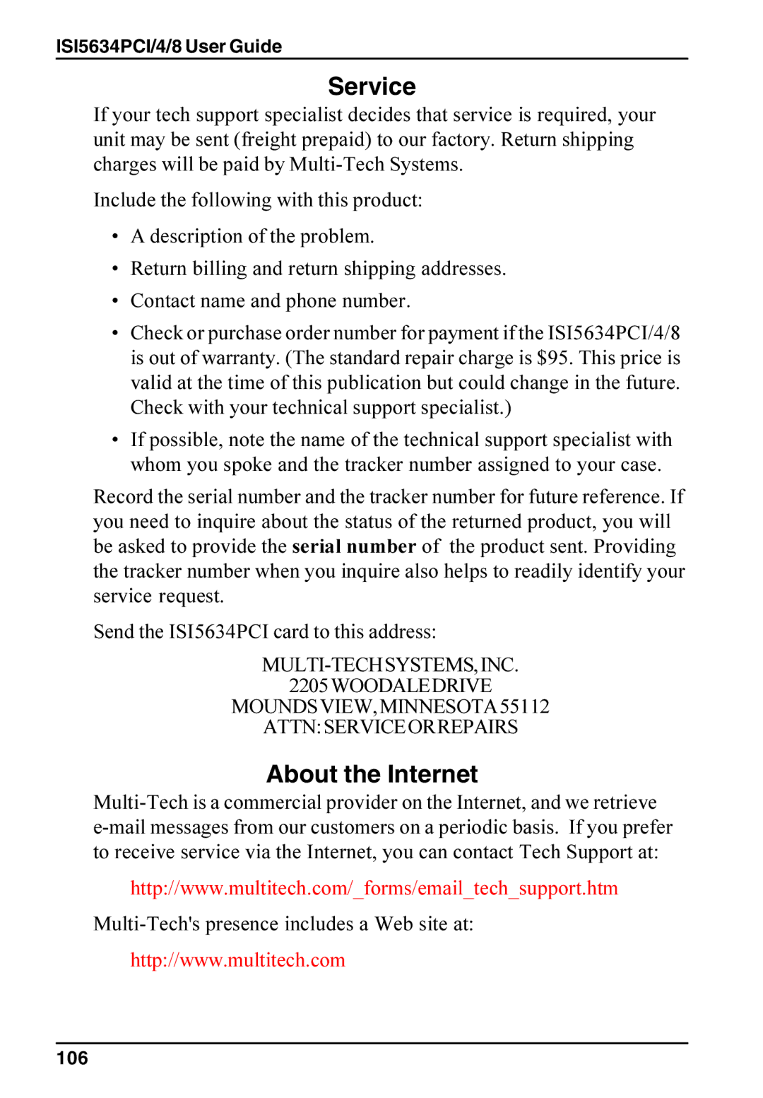 Multi-Tech Systems ISI5634PCI/4/8 manual Service, About the Internet 