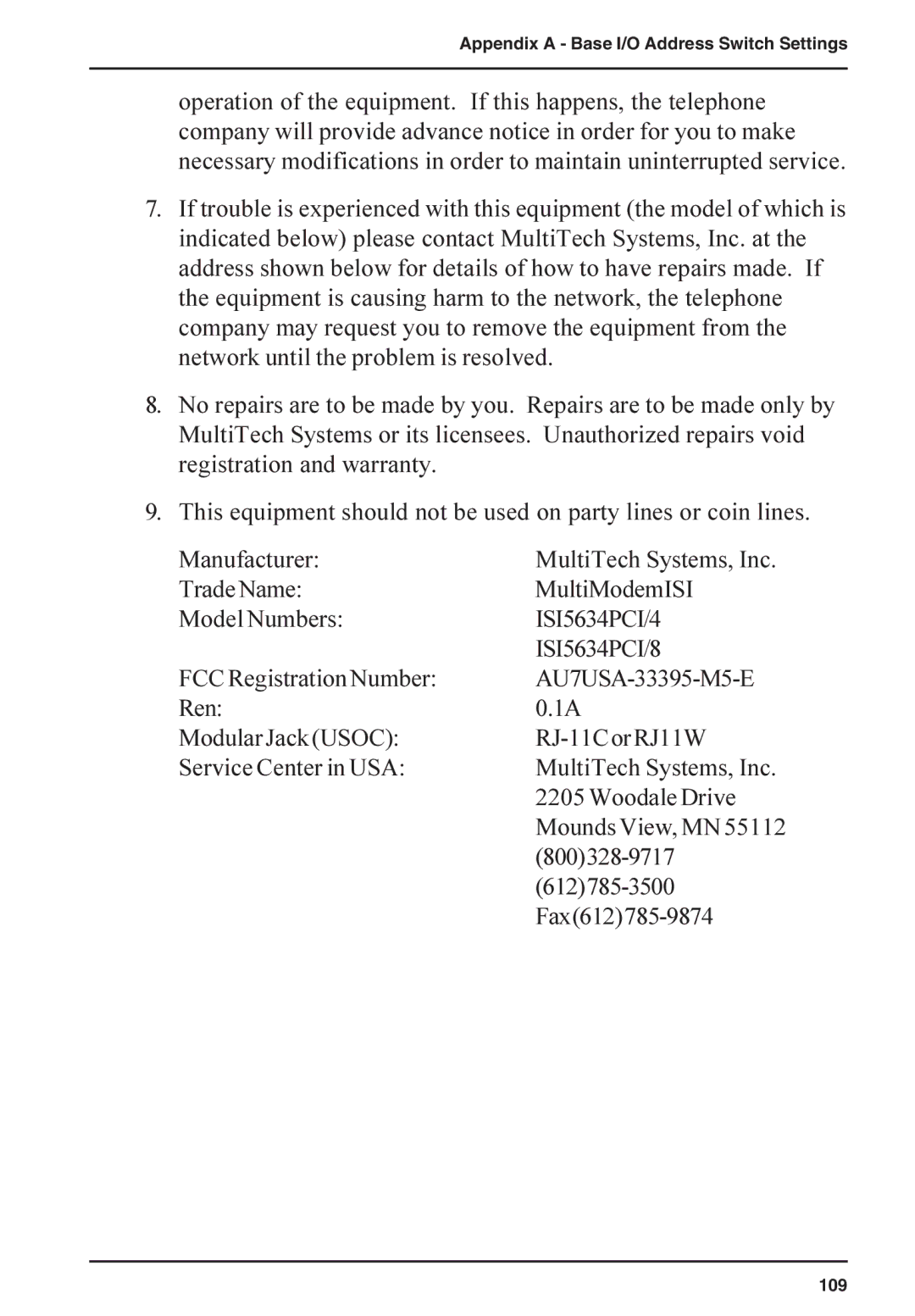 Multi-Tech Systems ISI5634PCI/4/8 manual Woodale Drive, 800328-9717, 612785-3500, Fax612785-9874 