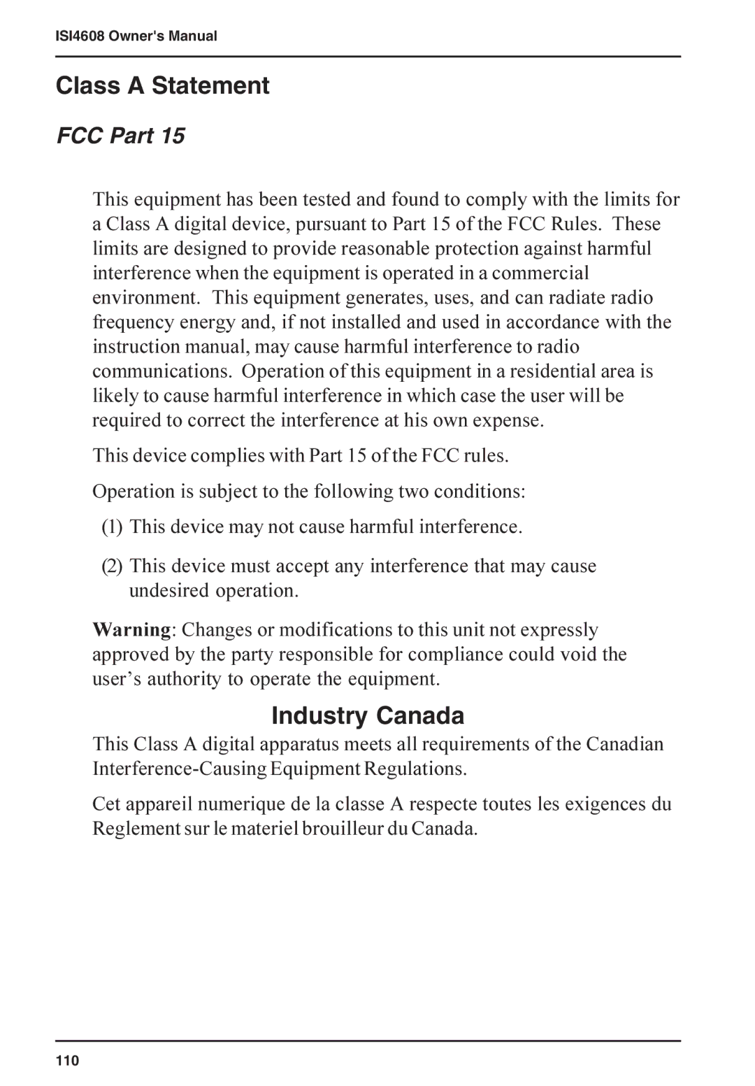 Multi-Tech Systems ISI5634PCI/4/8 manual Class a Statement, Industry Canada, FCC Part 