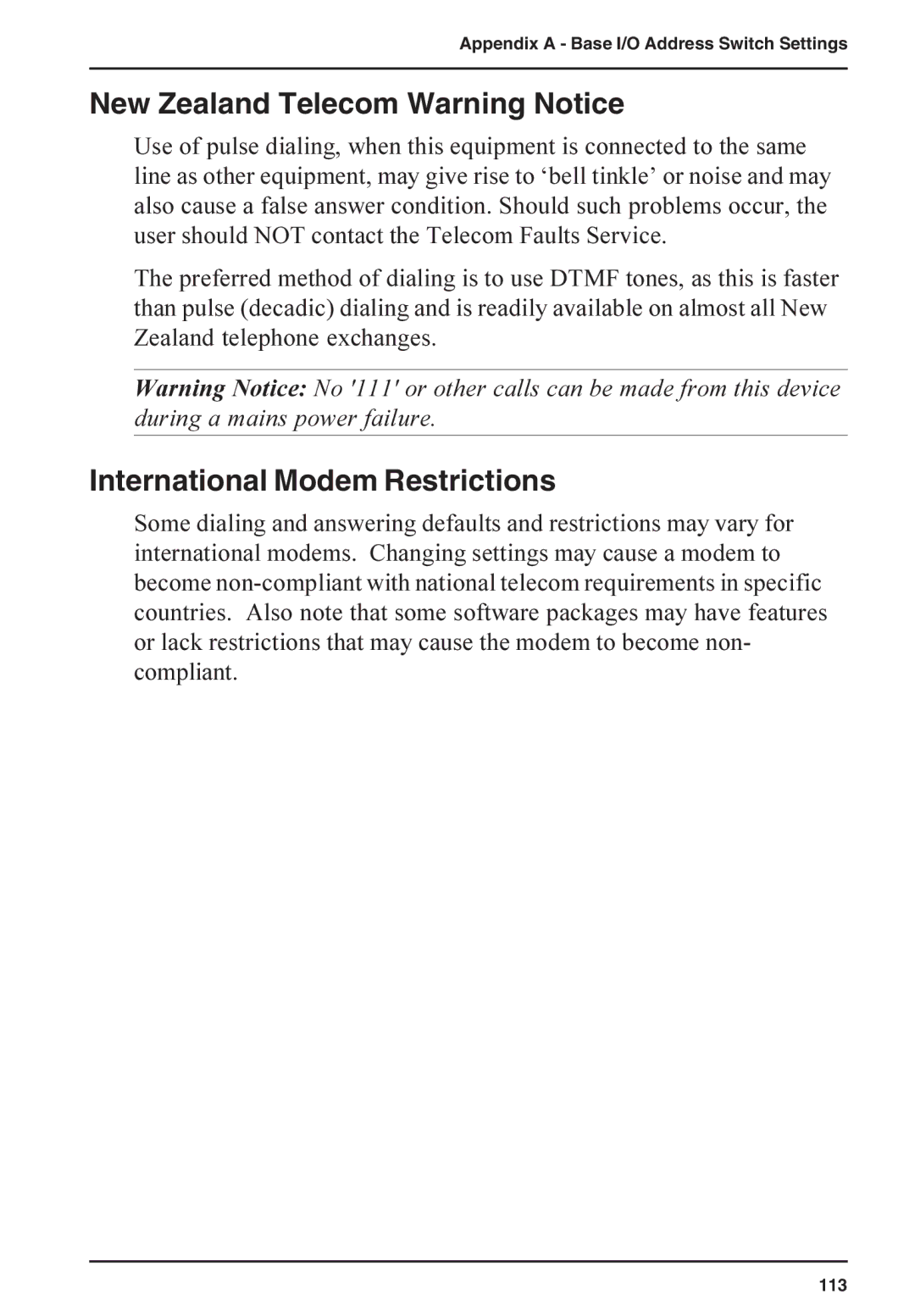 Multi-Tech Systems ISI5634PCI/4/8 manual New Zealand Telecom Warning Notice, International Modem Restrictions 