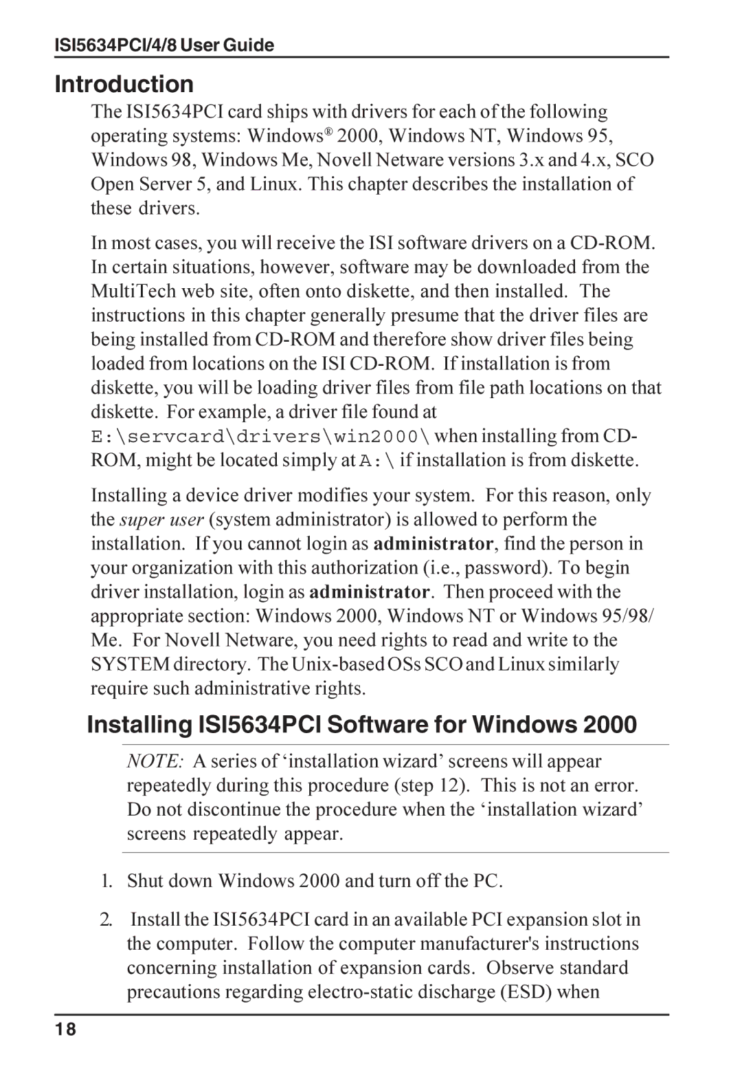 Multi-Tech Systems ISI5634PCI/4/8 Installing ISI5634PCI Software for Windows, Shut down Windows 2000 and turn off the PC 