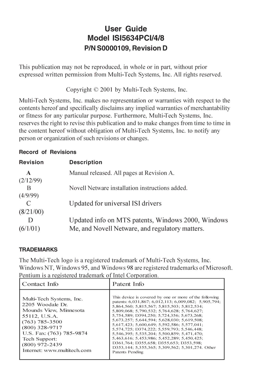 Multi-Tech Systems manual User Guide Model ISI5634PCI/4/8 