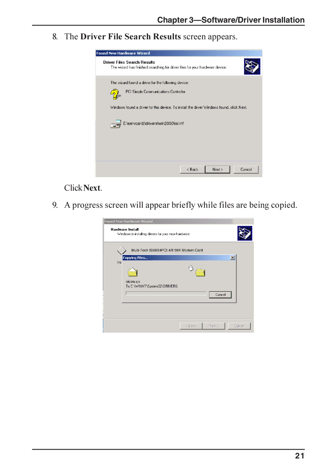 Multi-Tech Systems ISI5634PCI/4/8 manual Driver File Search Results screen appears 