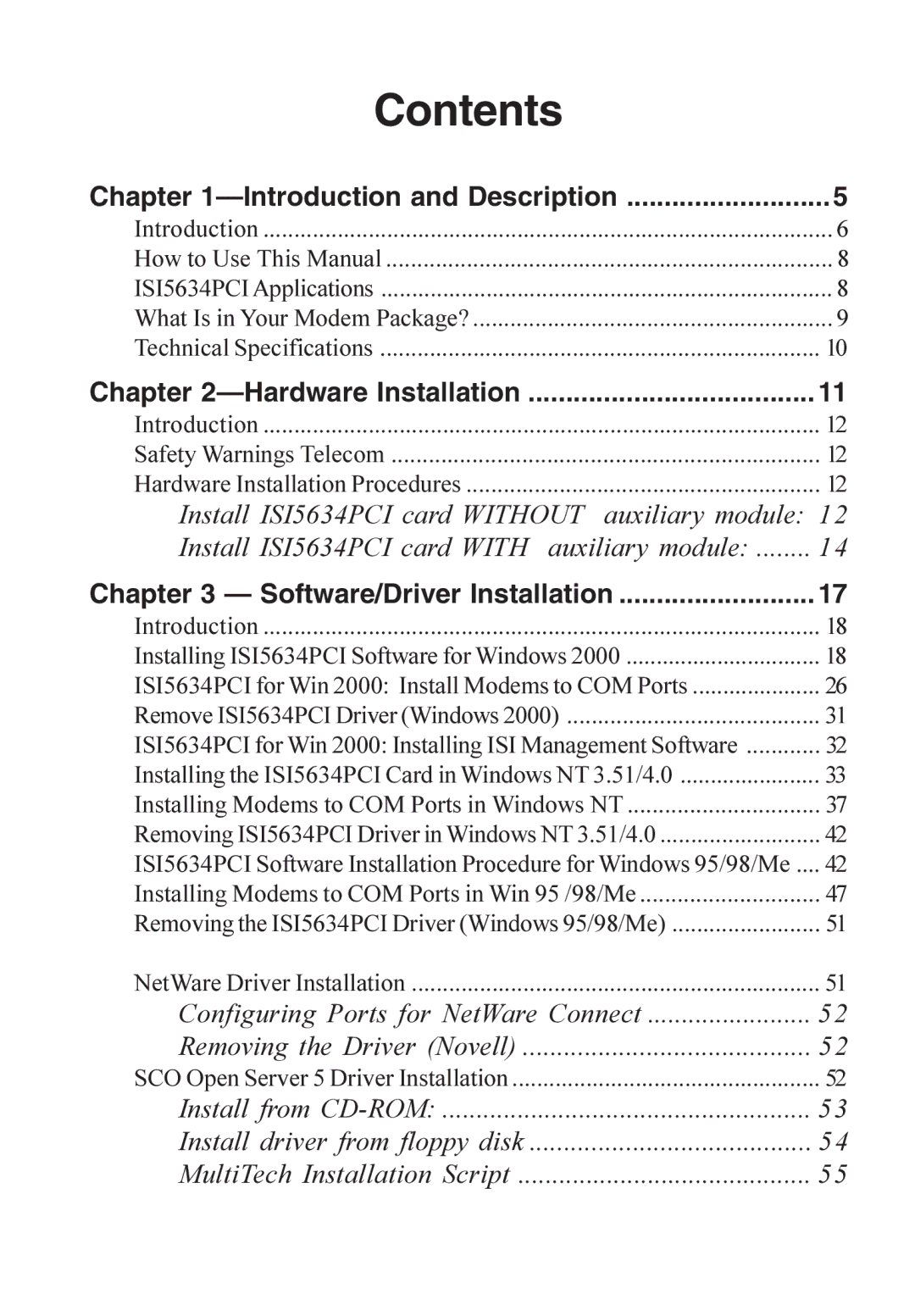 Multi-Tech Systems ISI5634PCI/4/8 manual Contents 