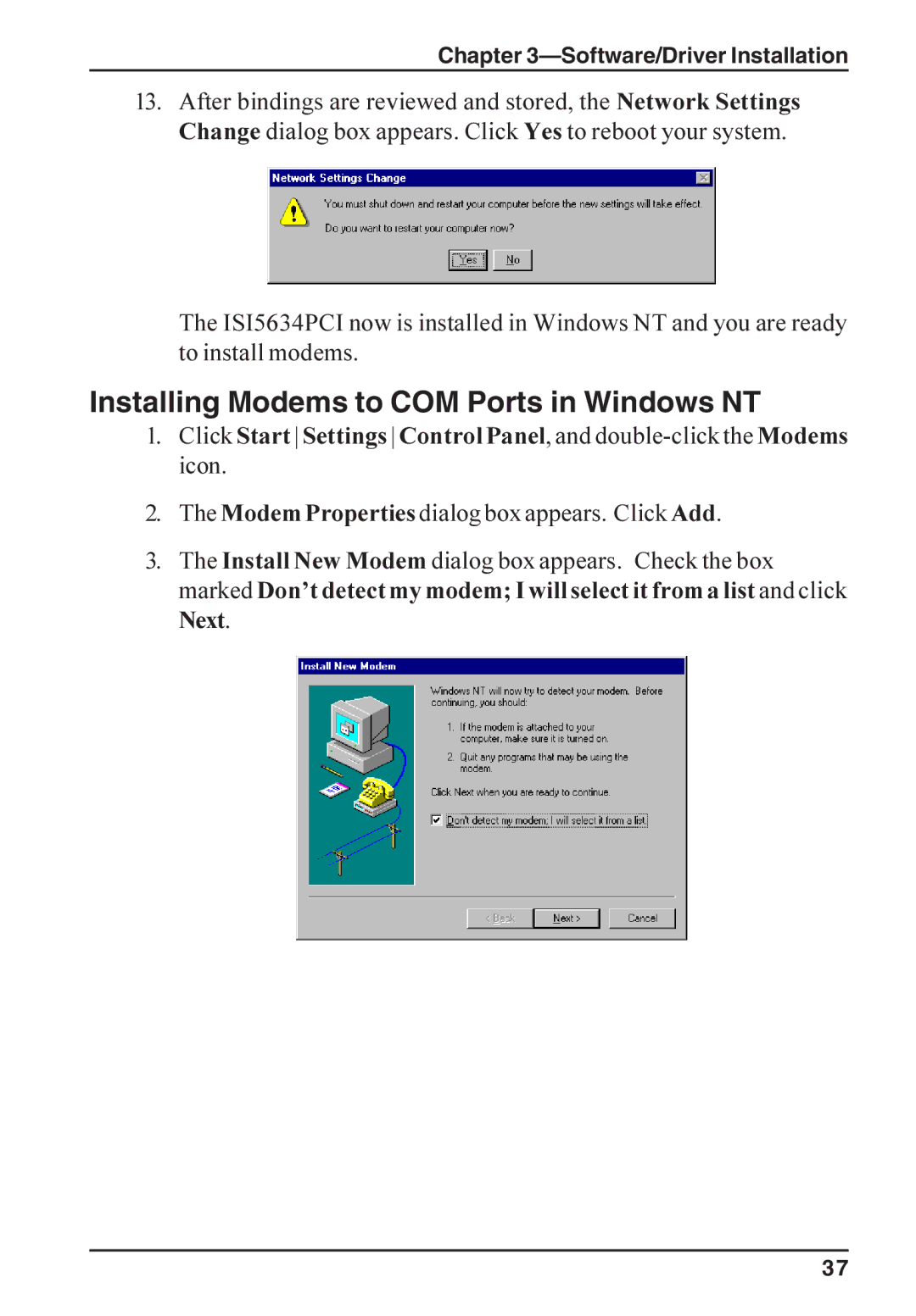 Multi-Tech Systems ISI5634PCI/4/8 manual Installing Modems to COM Ports in Windows NT 