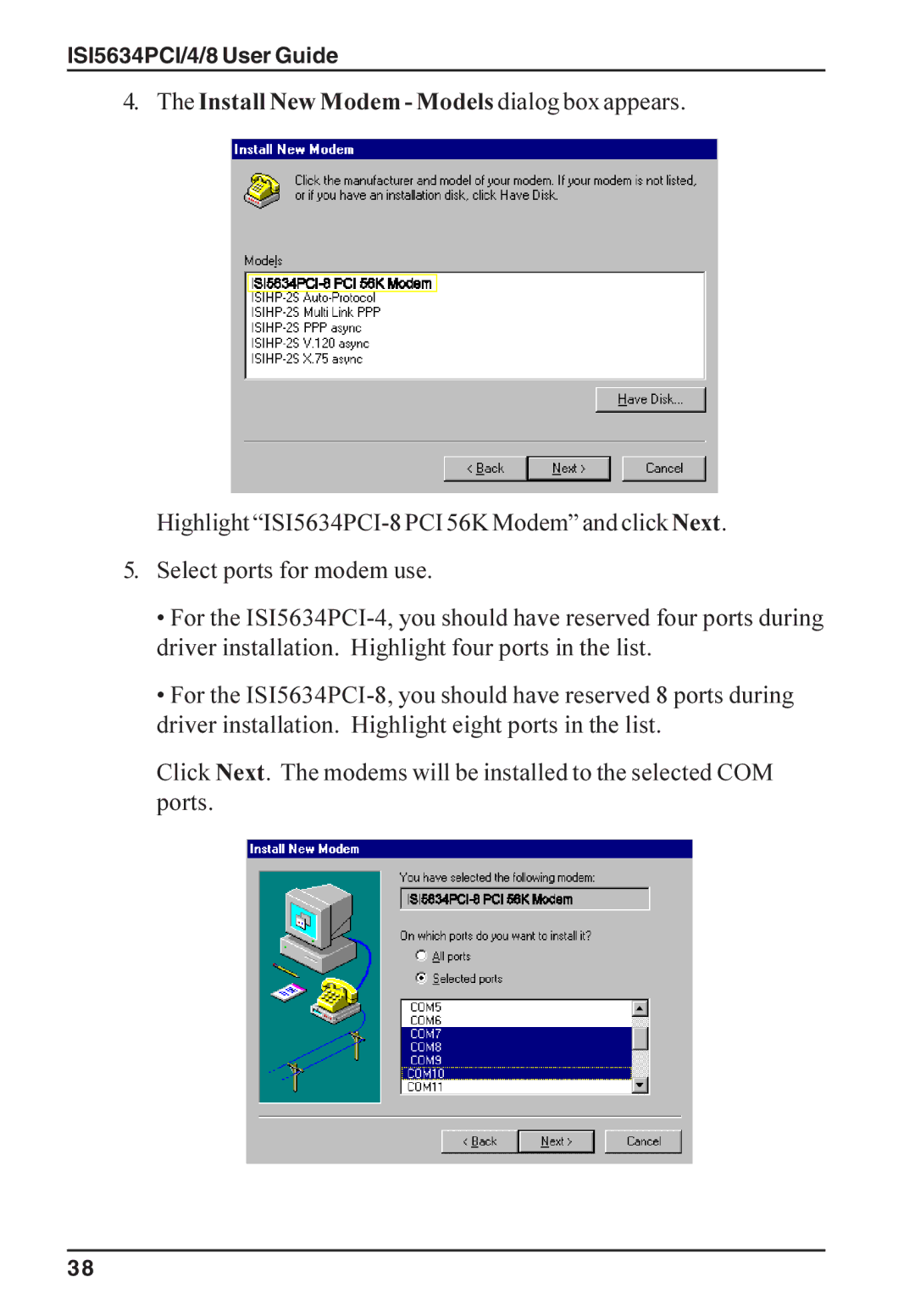 Multi-Tech Systems ISI5634PCI/4/8 manual Install New Modem Models dialog box appears 