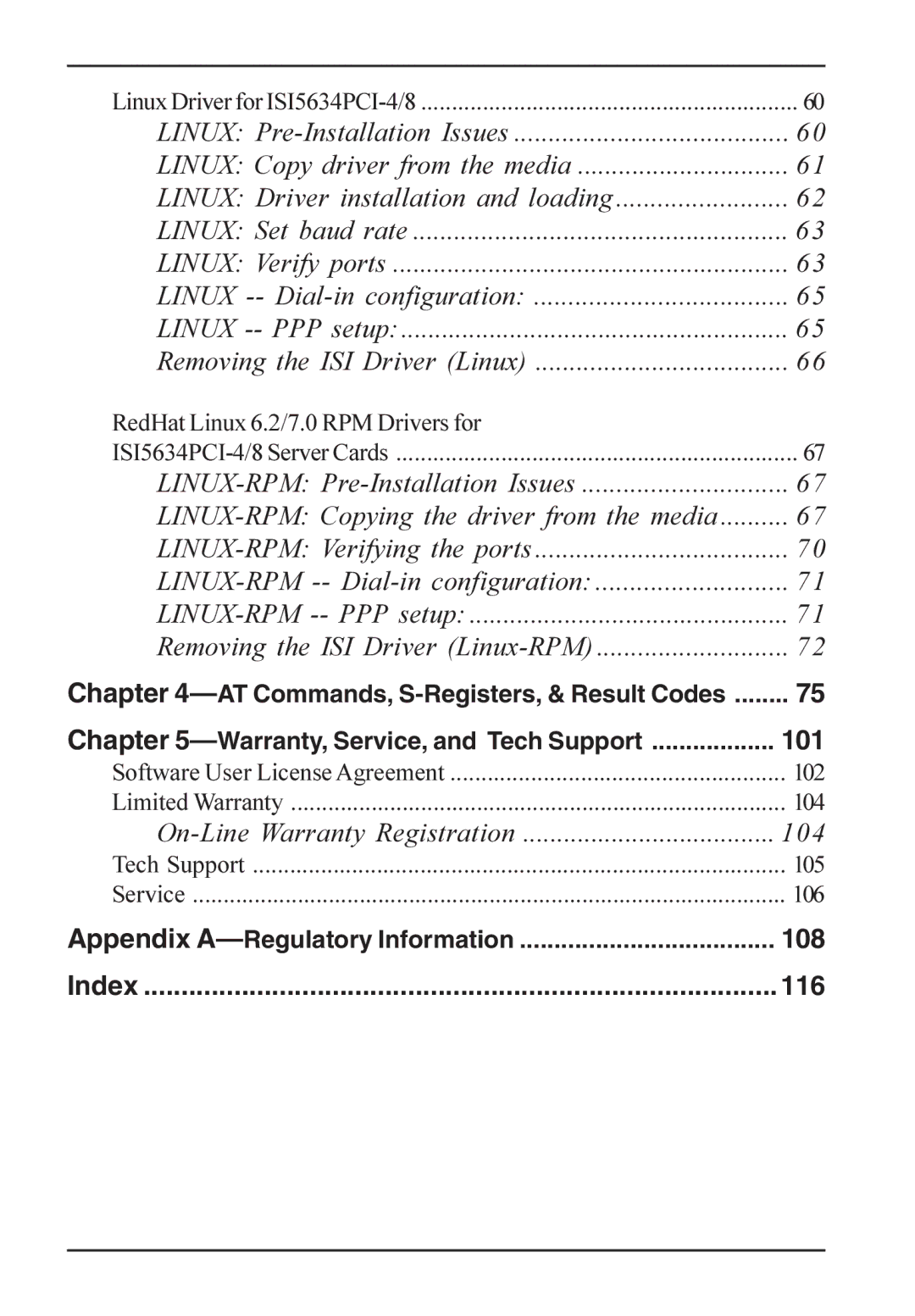 Multi-Tech Systems ISI5634PCI/4/8 manual RedHat Linux 6.2/7.0 RPM Drivers for, 102, 104, 105, 106 