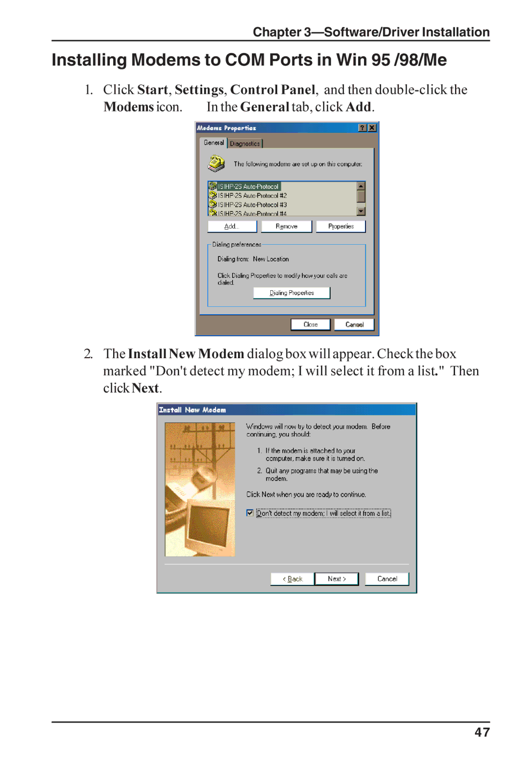 Multi-Tech Systems ISI5634PCI/4/8 manual Installing Modems to COM Ports in Win 95 /98/Me 