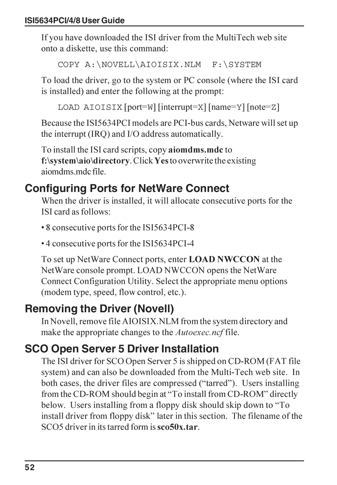 Multi-Tech Systems ISI5634PCI/4/8 manual Configuring Ports for NetWare Connect, Removing the Driver Novell 