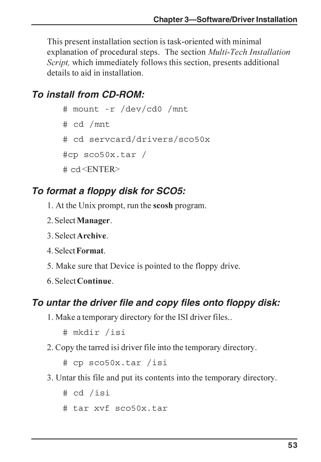 Multi-Tech Systems ISI5634PCI/4/8 manual To install from CD-ROM, To format a floppy disk for SCO5, # cd Enter 