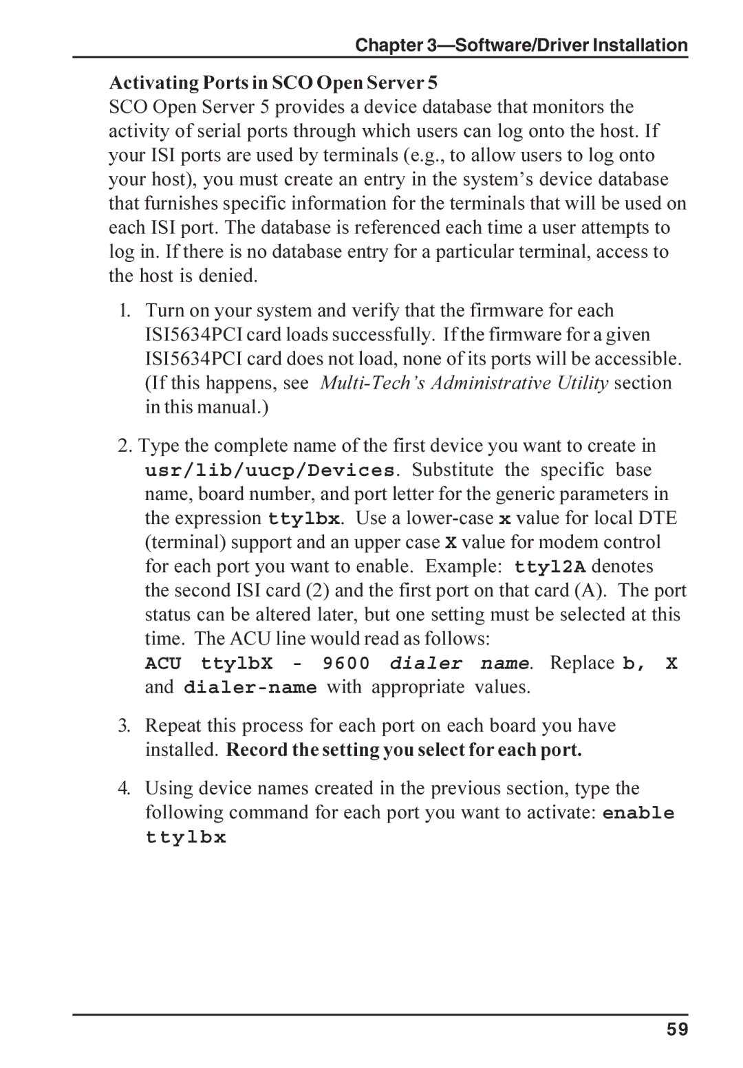 Multi-Tech Systems ISI5634PCI/4/8 manual Activating Ports in SCO Open Server, Ttylbx 