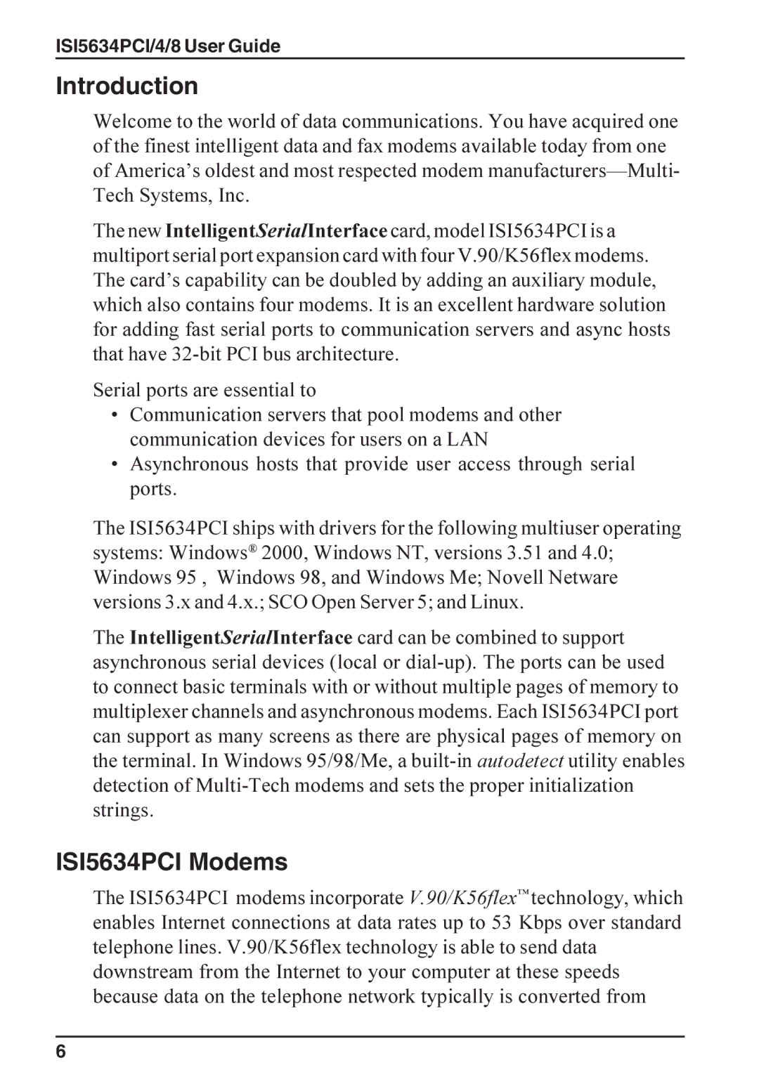 Multi-Tech Systems ISI5634PCI/4/8 manual Introduction, ISI5634PCI Modems 