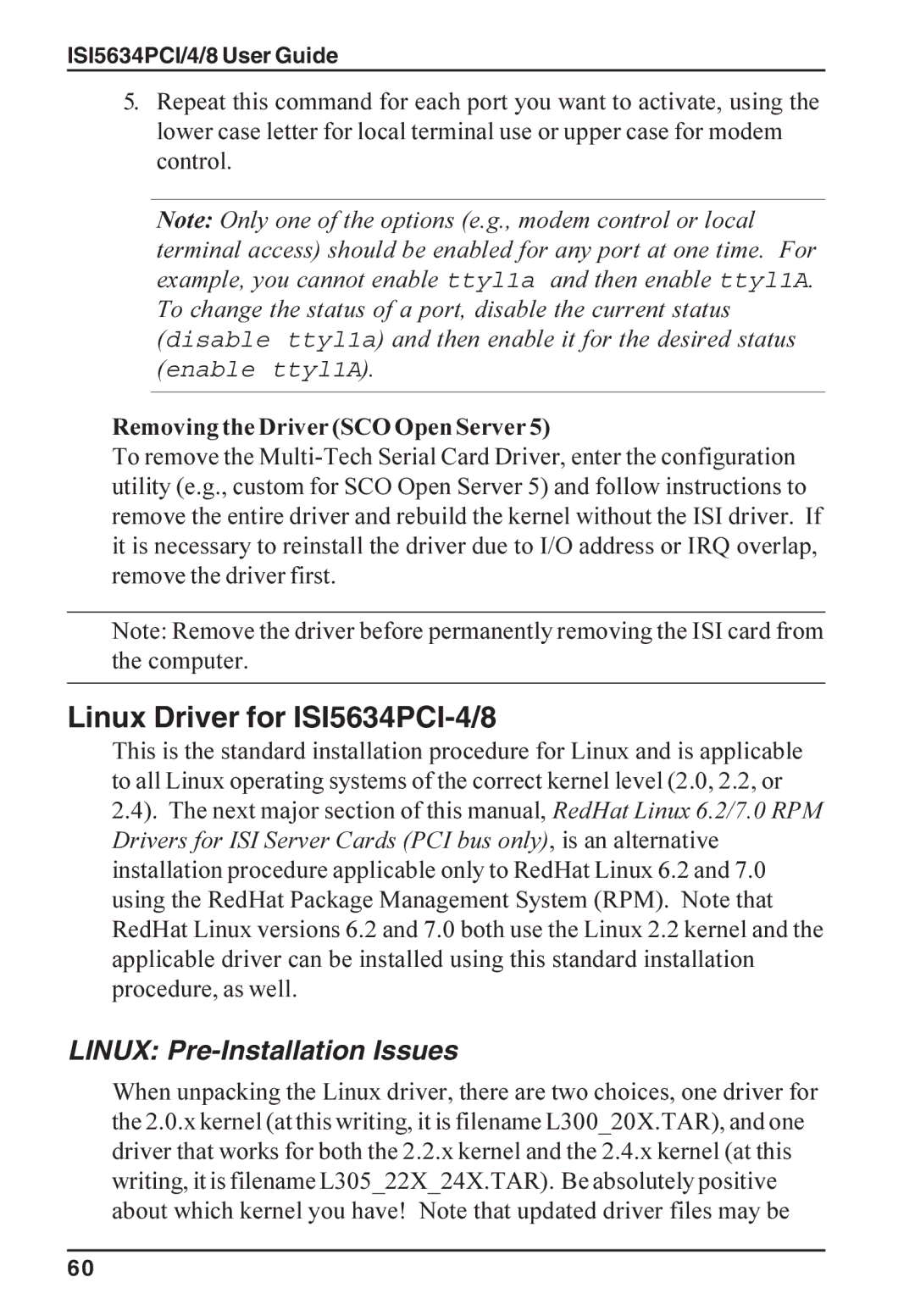 Multi-Tech Systems ISI5634PCI/4/8 manual Linux Driver for ISI5634PCI-4/8, Linux Pre-Installation Issues 