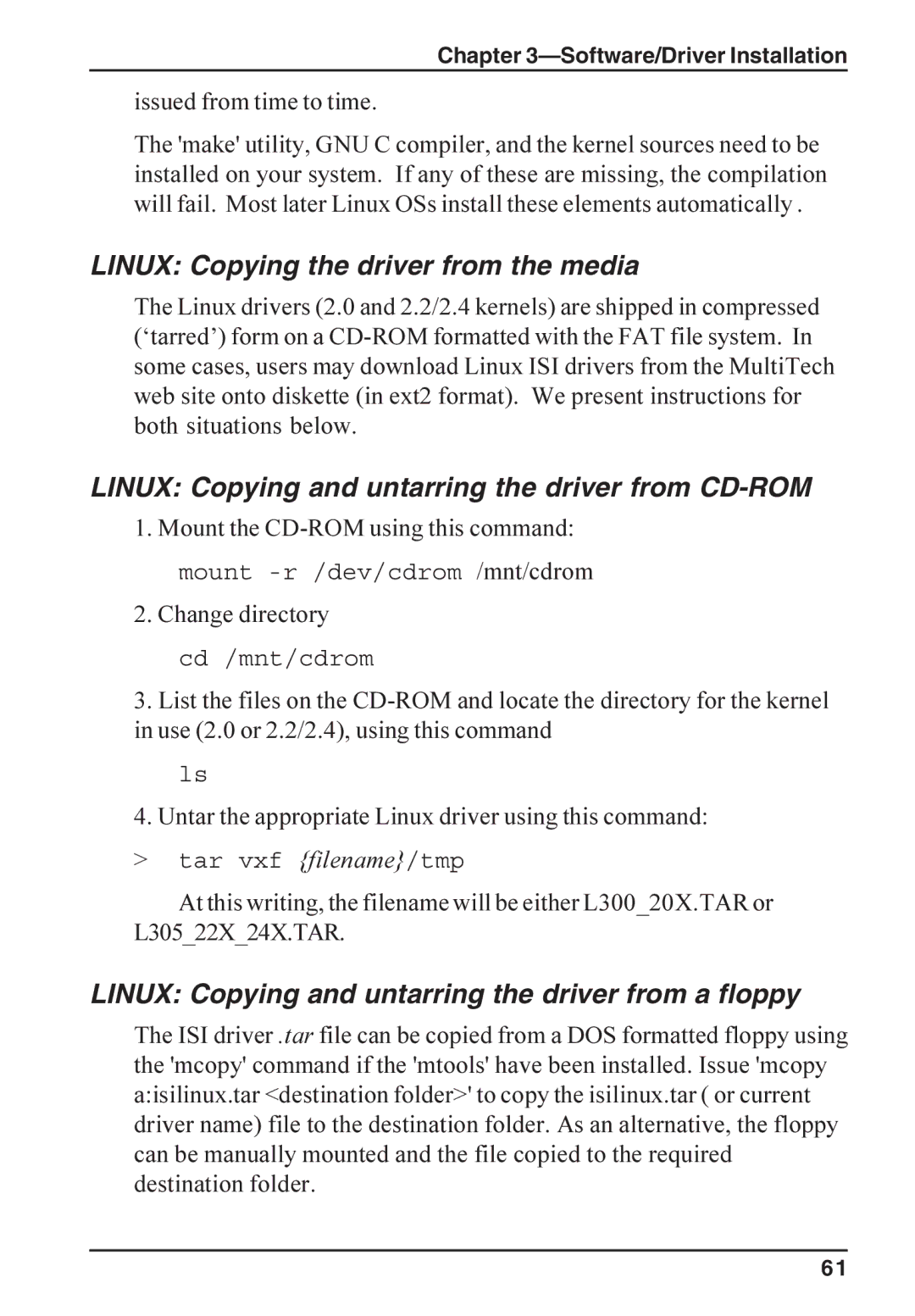 Multi-Tech Systems ISI5634PCI/4/8 Linux Copying the driver from the media, Issued from time to time, Change directory 