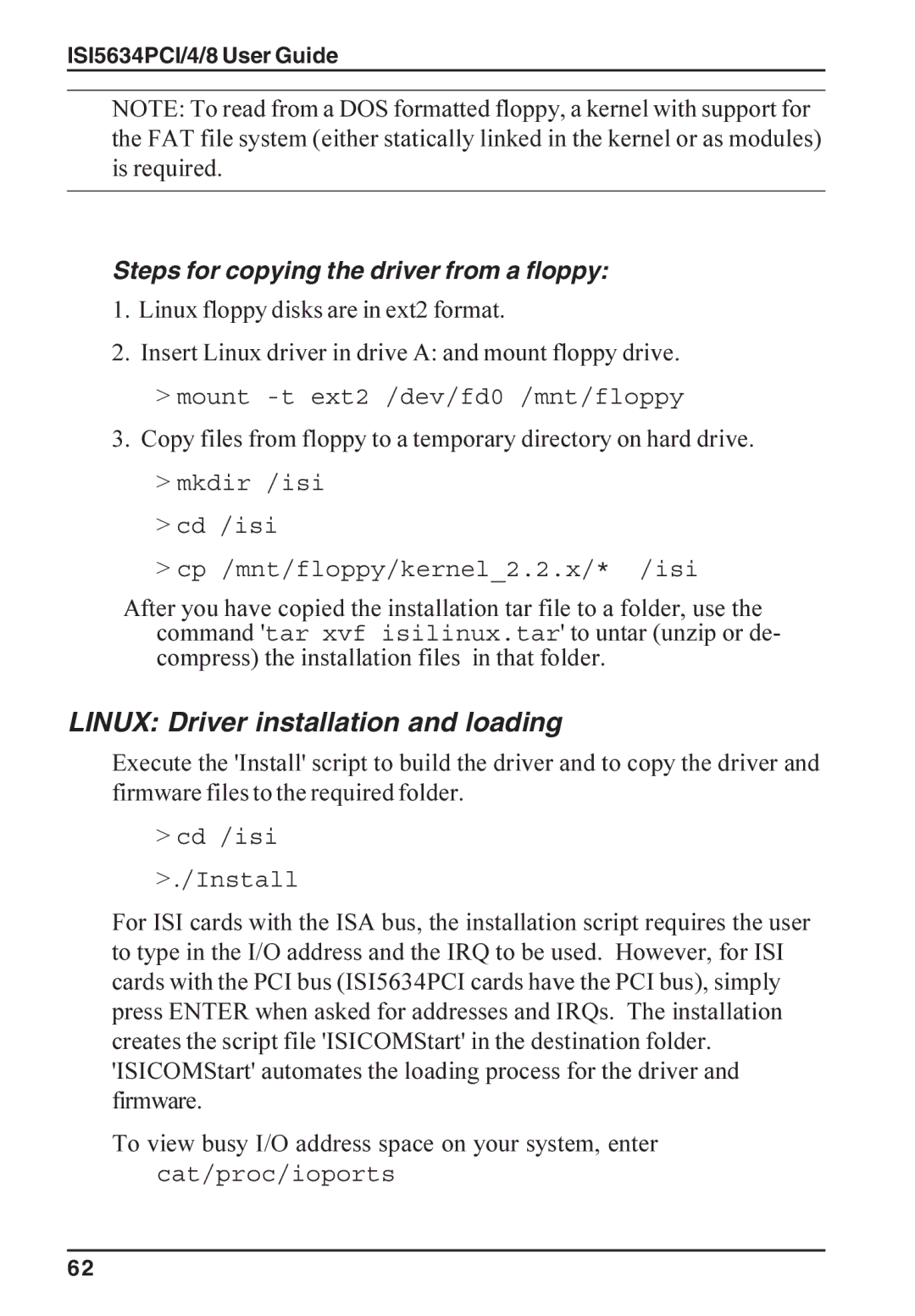 Multi-Tech Systems ISI5634PCI/4/8 manual Linux Driver installation and loading, Steps for copying the driver from a floppy 