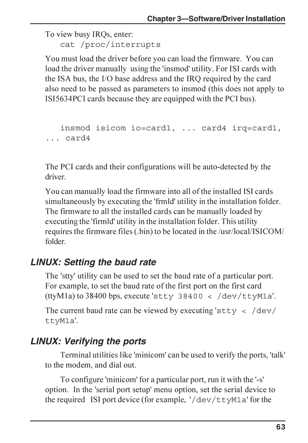 Multi-Tech Systems ISI5634PCI/4/8 manual Linux Setting the baud rate, Linux Verifying the ports, To view busy IRQs, enter 