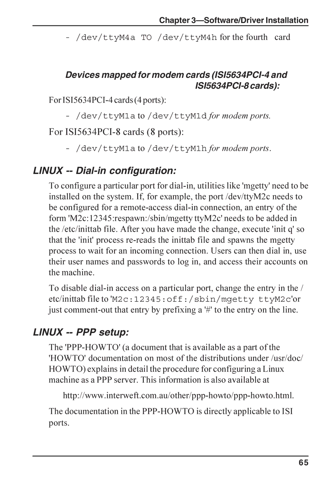 Multi-Tech Systems ISI5634PCI/4/8 manual Linux -- Dial-in configuration, Linux -- PPP setup, For ISI5634PCI-4 cards 4 ports 