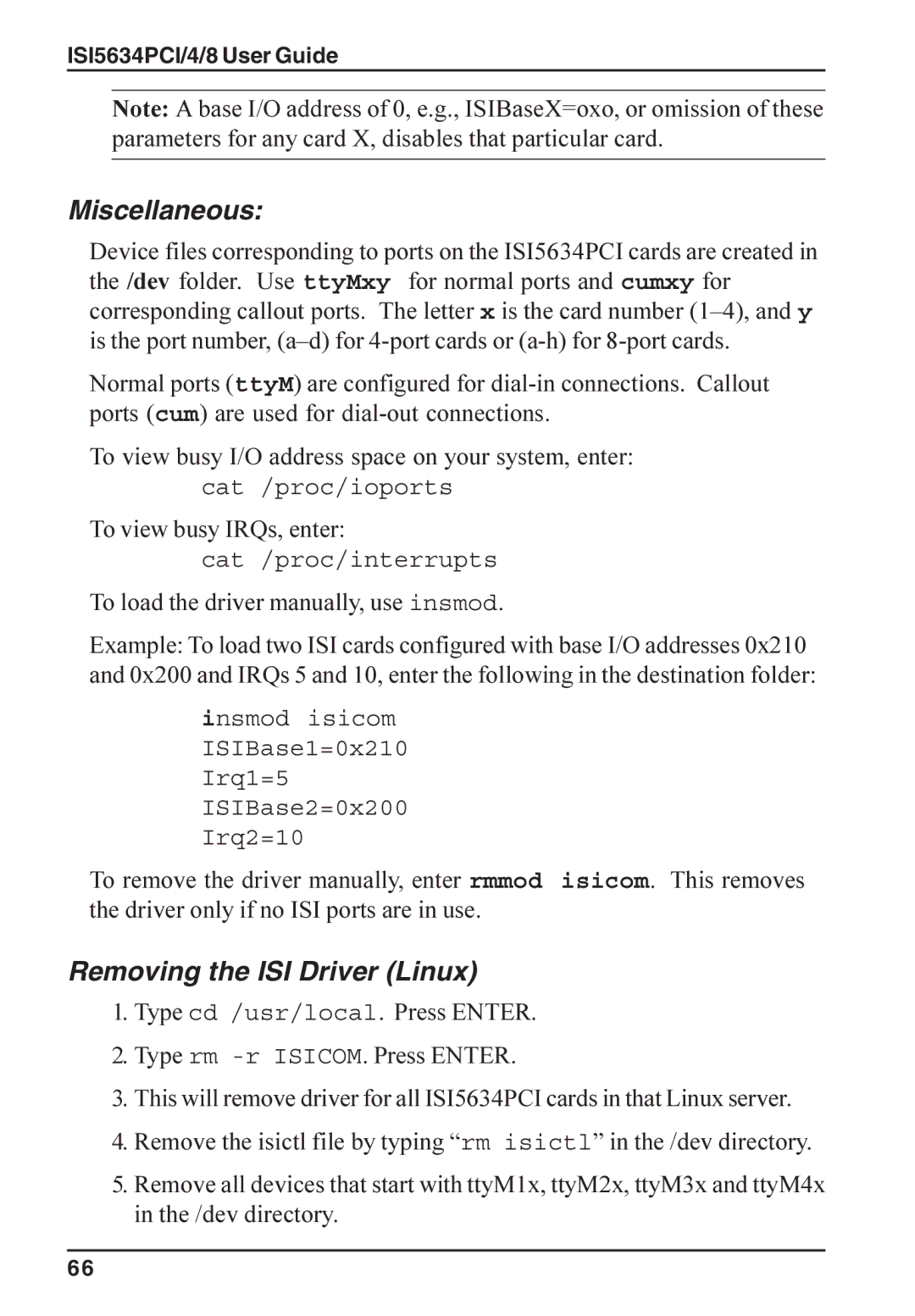 Multi-Tech Systems ISI5634PCI/4/8 Miscellaneous, Removing the ISI Driver Linux, To load the driver manually, use insmod 