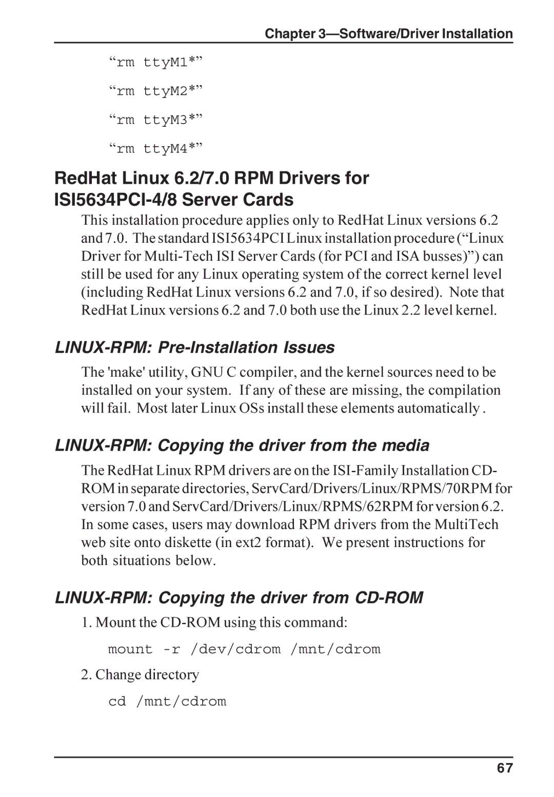 Multi-Tech Systems ISI5634PCI/4/8 manual LINUX-RPM Pre-Installation Issues, LINUX-RPM Copying the driver from the media 