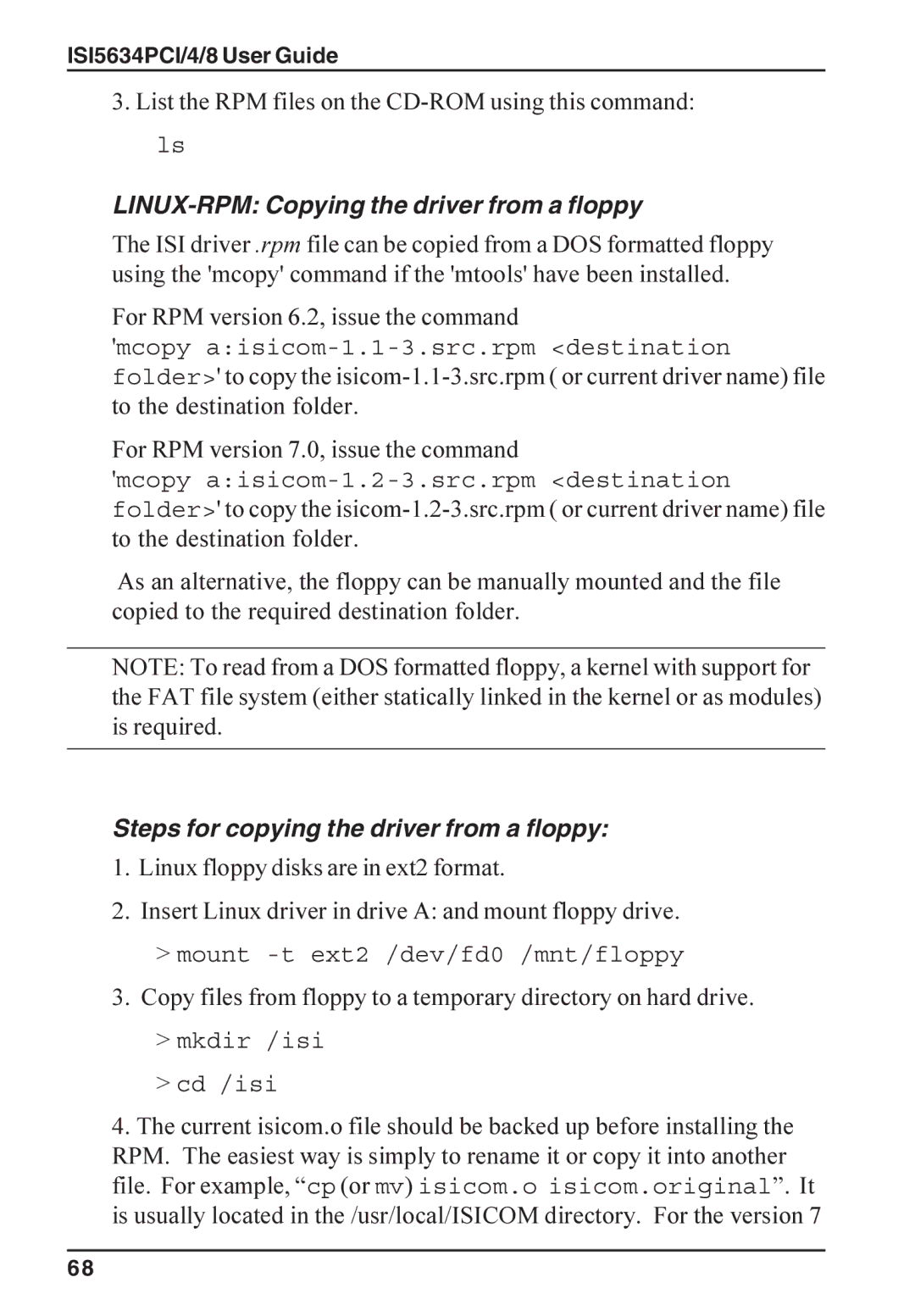 Multi-Tech Systems ISI5634PCI/4/8 manual List the RPM files on the CD-ROM using this command ls 