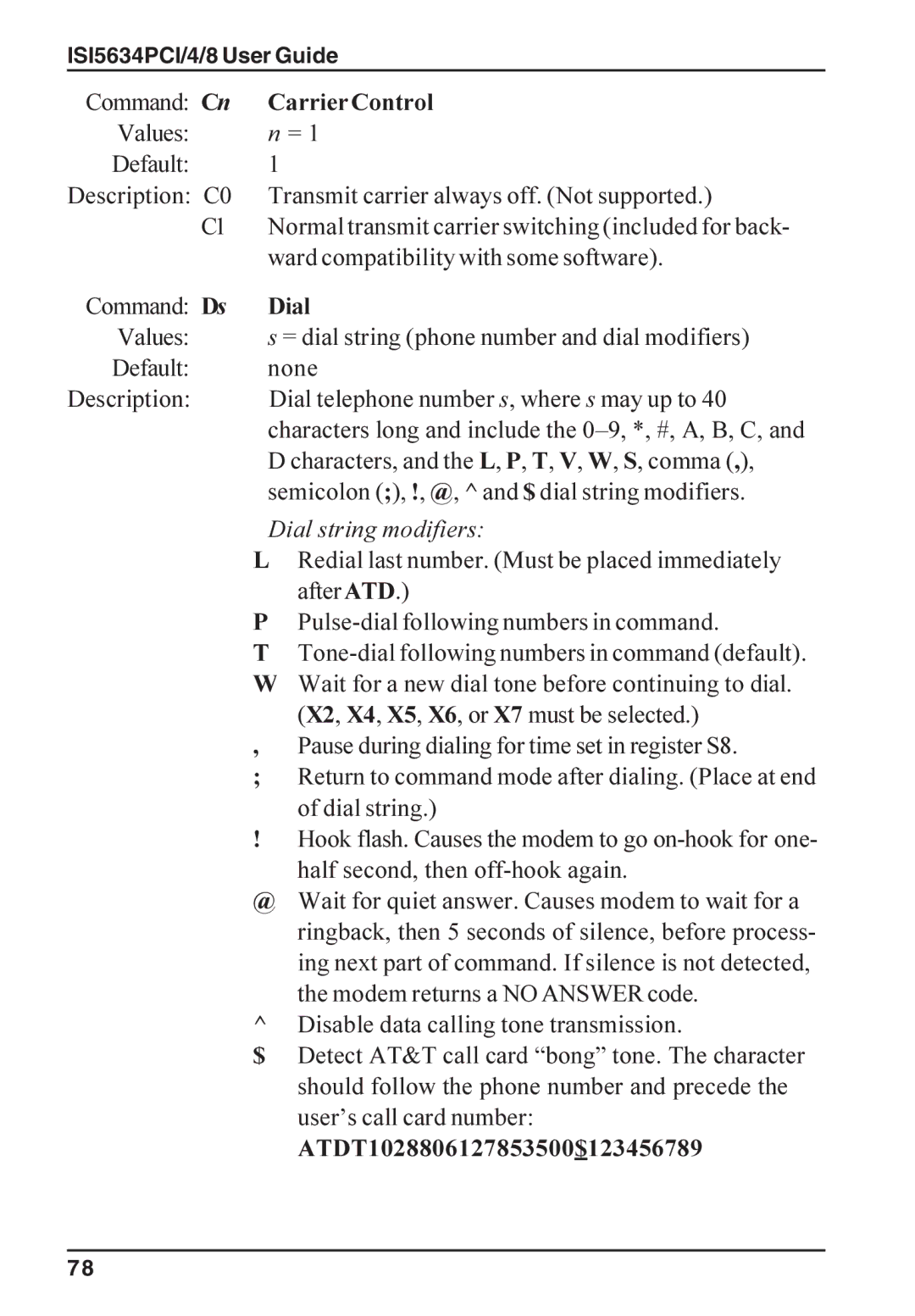 Multi-Tech Systems ISI5634PCI/4/8 manual Carrier Control, Dial, ATDT1028806127853500$123456789 