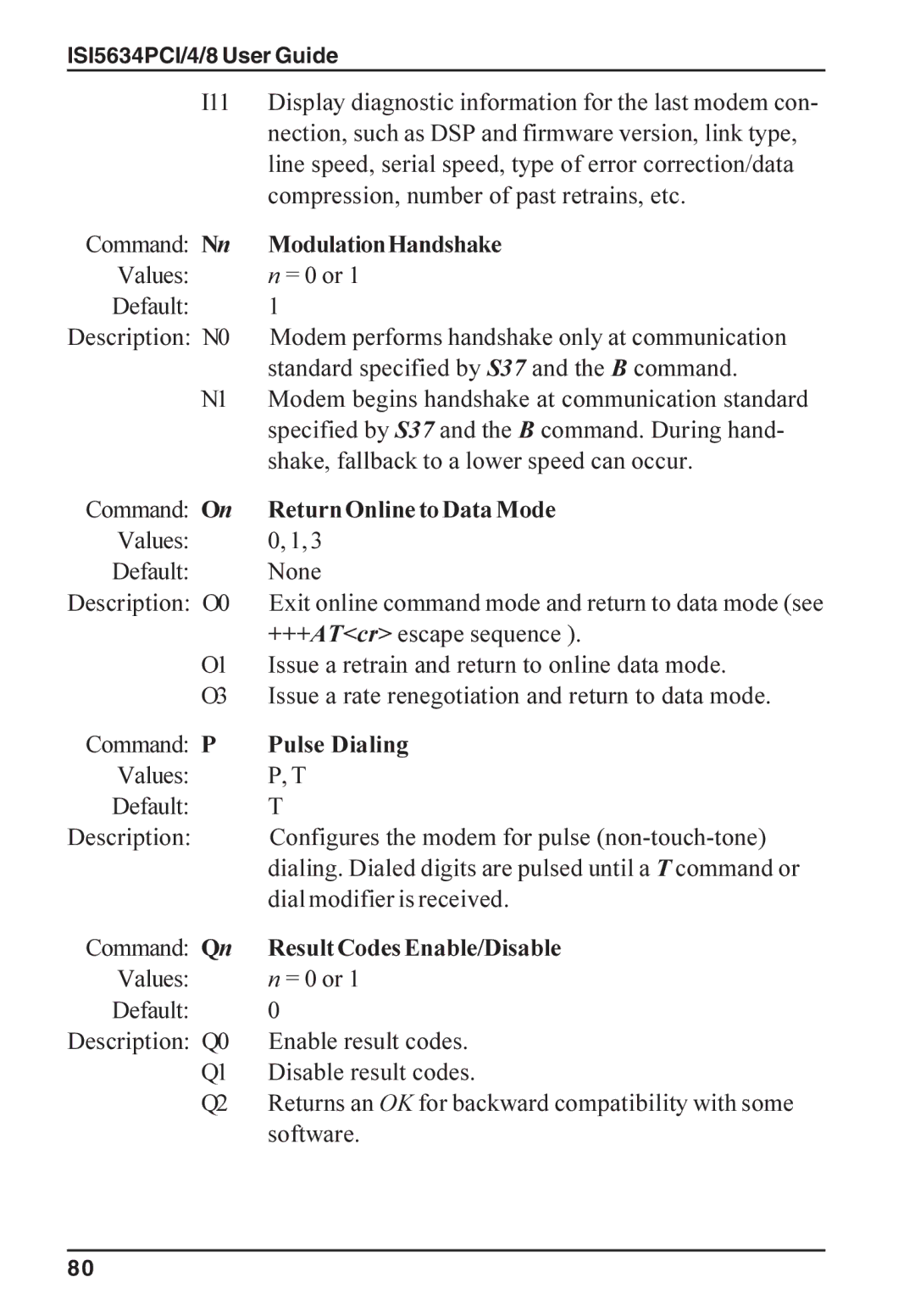 Multi-Tech Systems ISI5634PCI/4/8 manual ModulationHandshake, Return Online to Data Mode, Pulse Dialing 