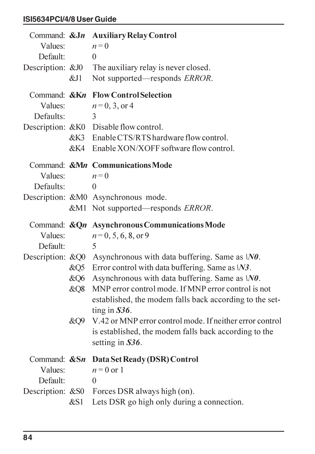 Multi-Tech Systems ISI5634PCI/4/8 manual Auxiliary Relay Control, Flow Control Selection, CommunicationsMode 